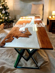 Live Edge Table, Epoxy Resin Table, Wooden Table, Custom Walnut Gray Swirl Table, Epoxy Table Mid Century Modern Furniture Unique Handicrafts IND