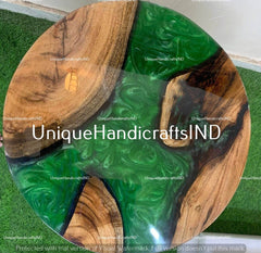 Round Table With Green Epoxy Resin River Art / Bistro Table / Restaurant Table / Natural Wood Walnut Table Garden Decor Furniture Unique Handicrafts IND
