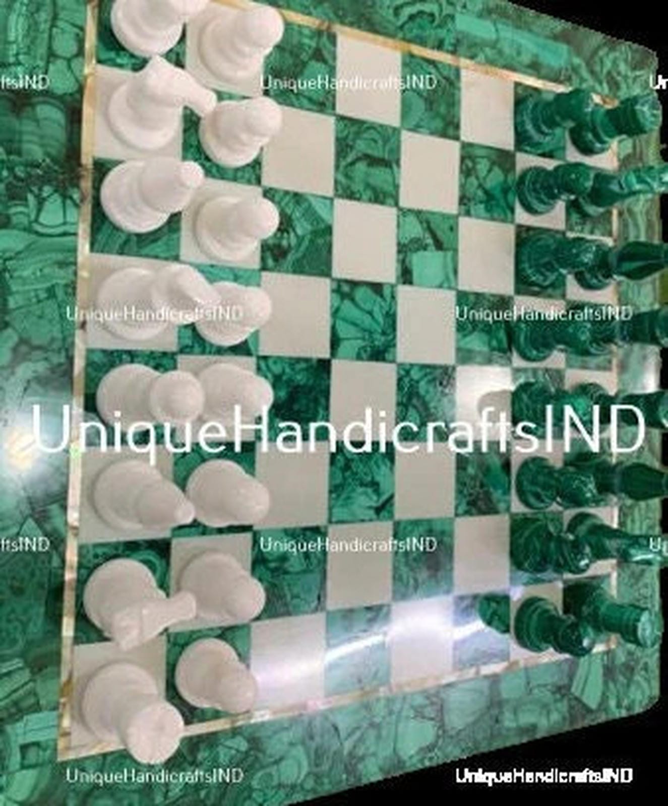 Christmas Gift Chess Set in Green Malachite Stone , Stone inlay Art / Marble Handmade Malachite Chess Table Top For Fathers Day Gift Unique Handicrafts IND