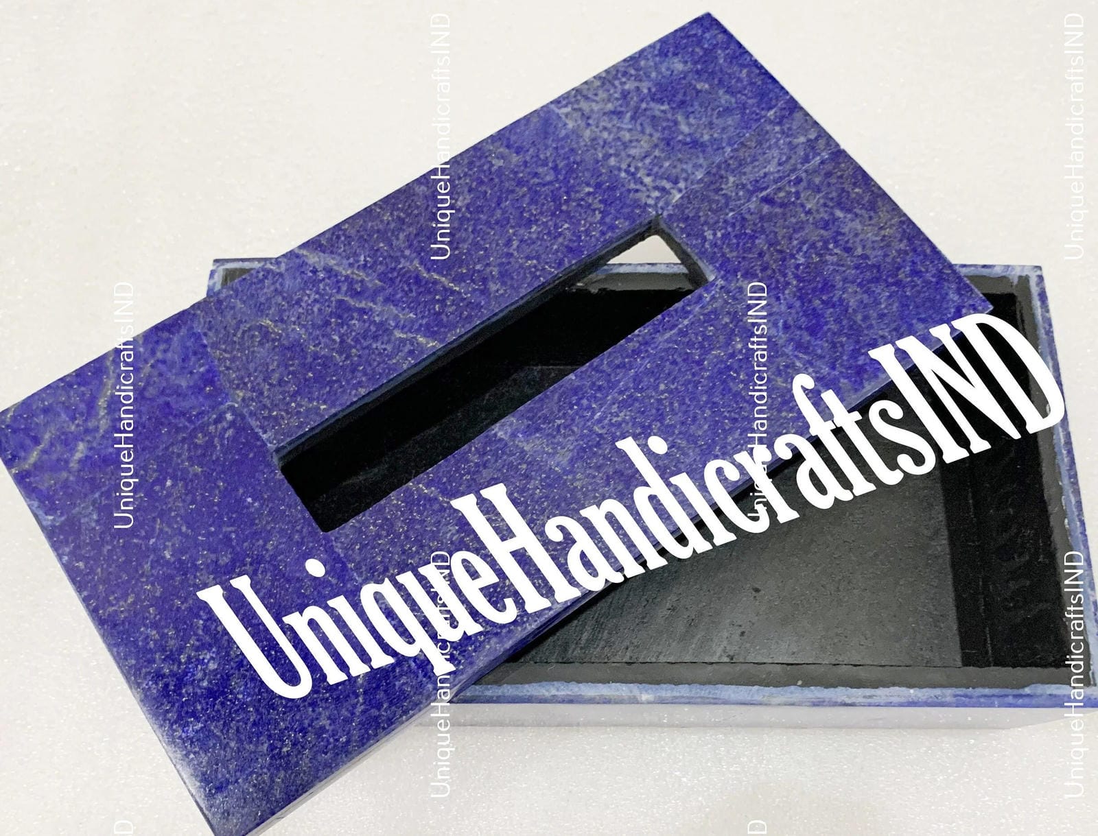 Tissue Box in White Marble with Blue Lapis Lazuli Overlay Work / Stone Tissue Box /Bathroom Accessories in Marble Box for Hotel & Restaurant Unique Handicrafts IND