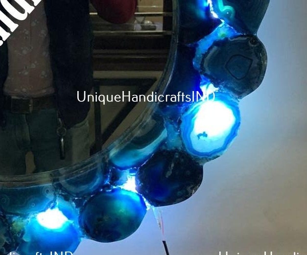 Blue Agate Wall Mirror | Bathroom Mirror | Washbasin Wall Mirror | Blue Wall Mirror | Luxury Mirror Unique Handicrafts IND