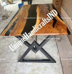 Walnut Table With Black Epoxy resin Art, Live Edge Dining Table, Dining Table, Kitchen Dining Table, Walnut Slab, Live Edge Table Home Decor Unique Handicrafts IND