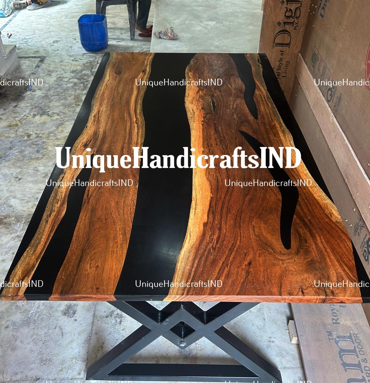 Walnut Table With Black Epoxy resin Art, Live Edge Dining Table, Dining Table, Kitchen Dining Table, Walnut Slab, Live Edge Table Home Decor Unique Handicrafts IND