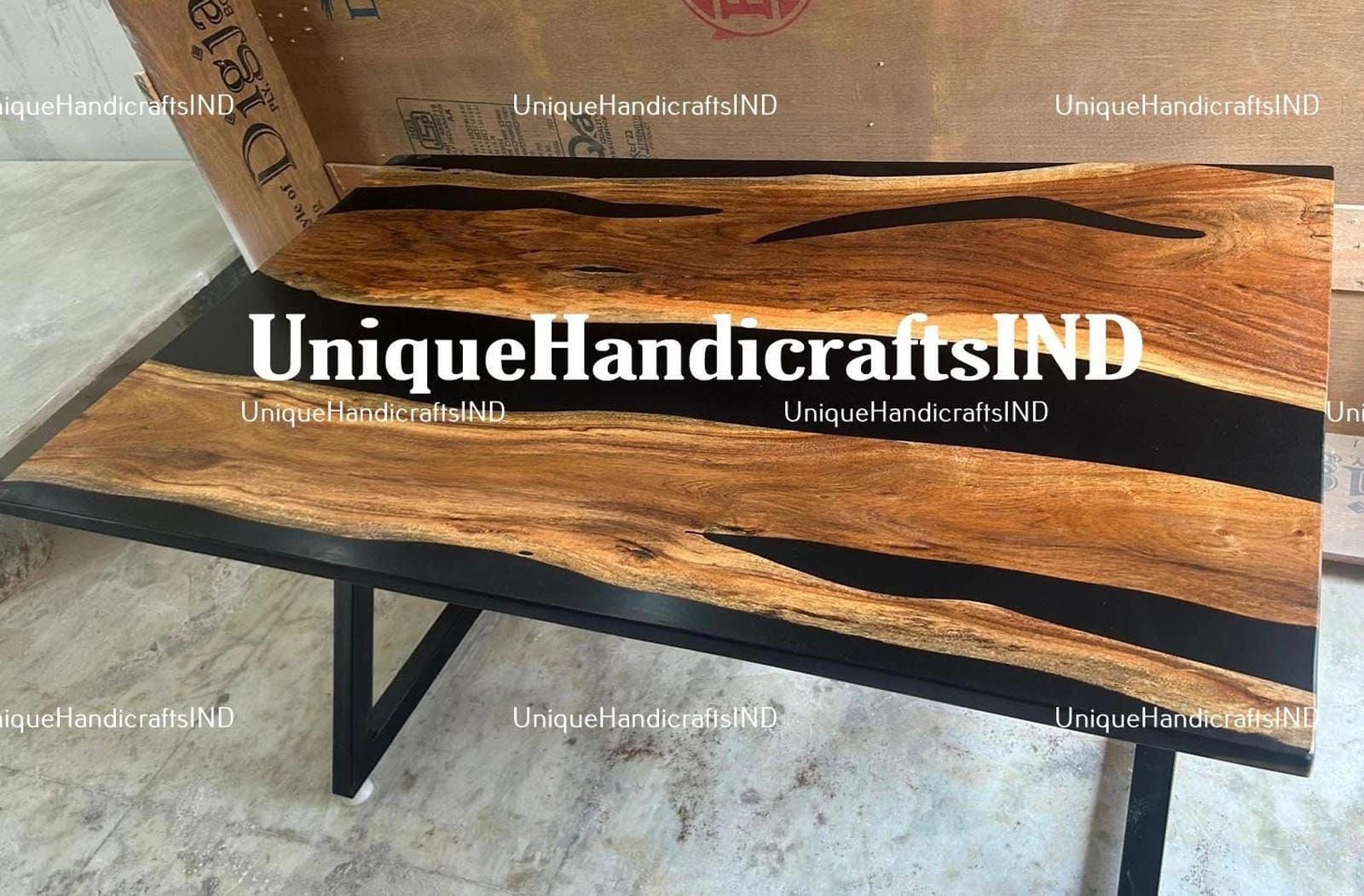 Walnut Table With Black Epoxy resin Art, Live Edge Dining Table, Dining Table, Kitchen Dining Table, Walnut Slab, Live Edge Table Home Decor Unique Handicrafts IND