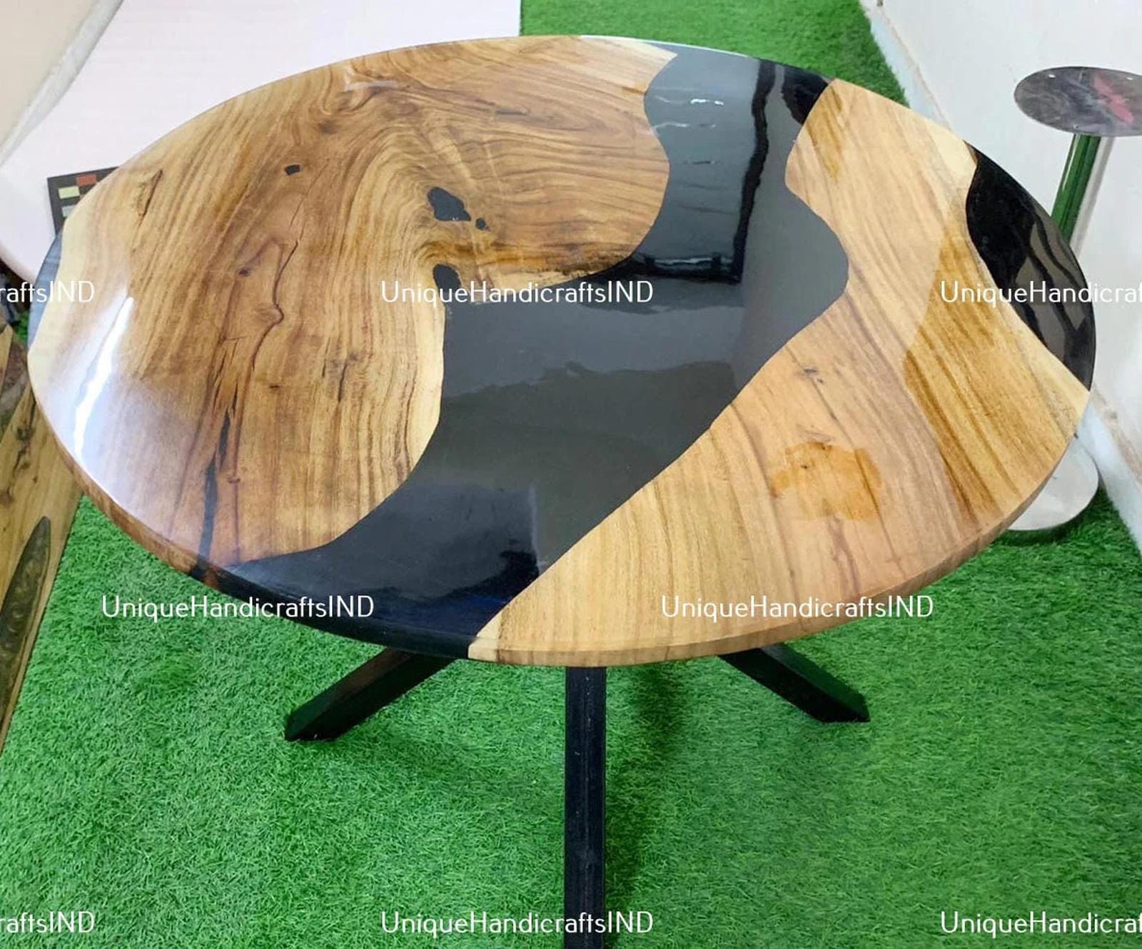 Round Table With Black Epoxy Resin Arts Handmade Beach House Decor Furniture Gift For Him / Her Unique Handicrafts IND
