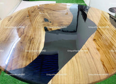 Round Table With Black Epoxy Resin Arts Handmade Beach House Decor Furniture Gift For Him / Her Unique Handicrafts IND
