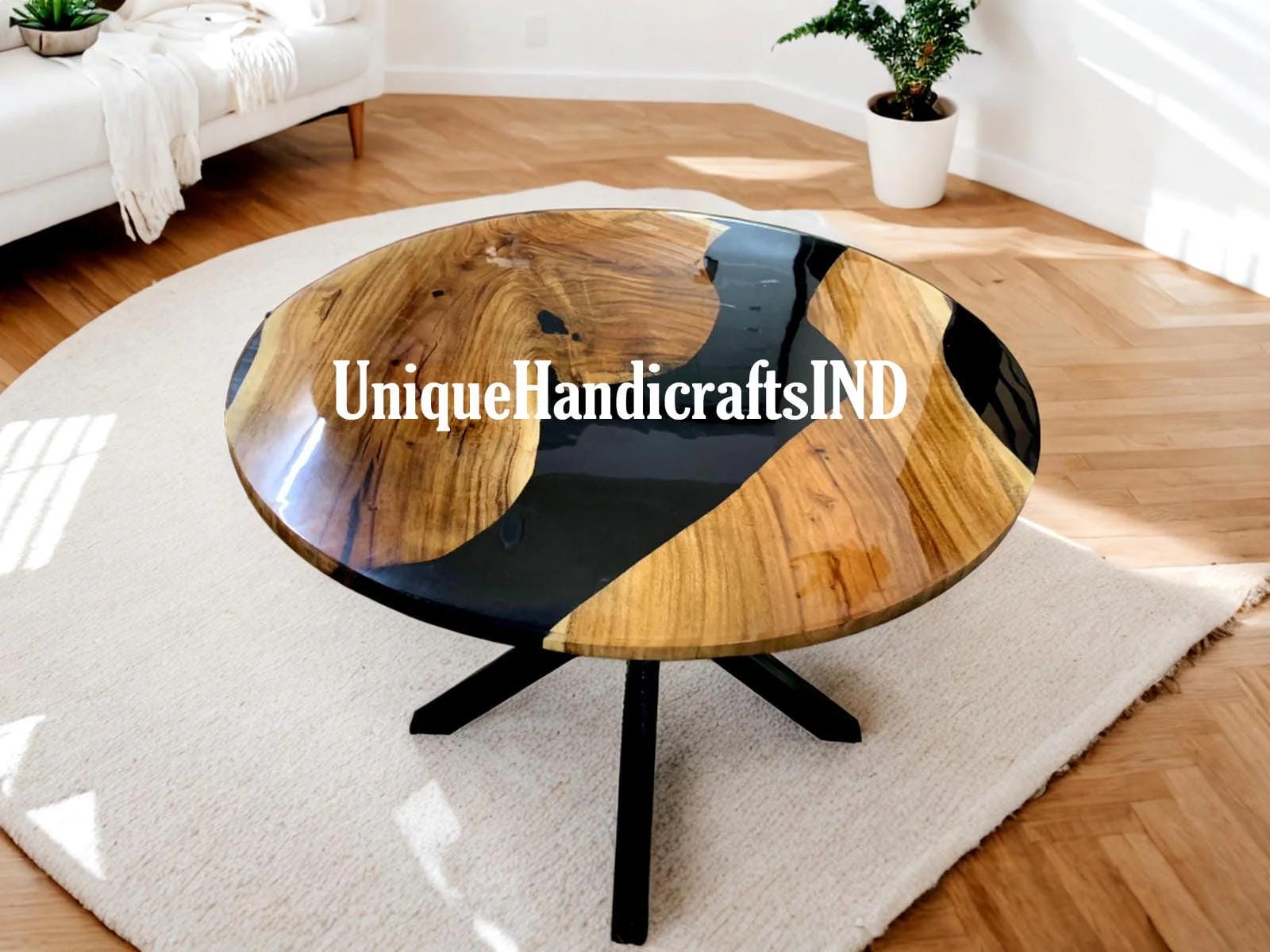 Round Table With Black Epoxy Resin Arts Handmade Beach House Decor Furniture Gift For Him / Her Unique Handicrafts IND