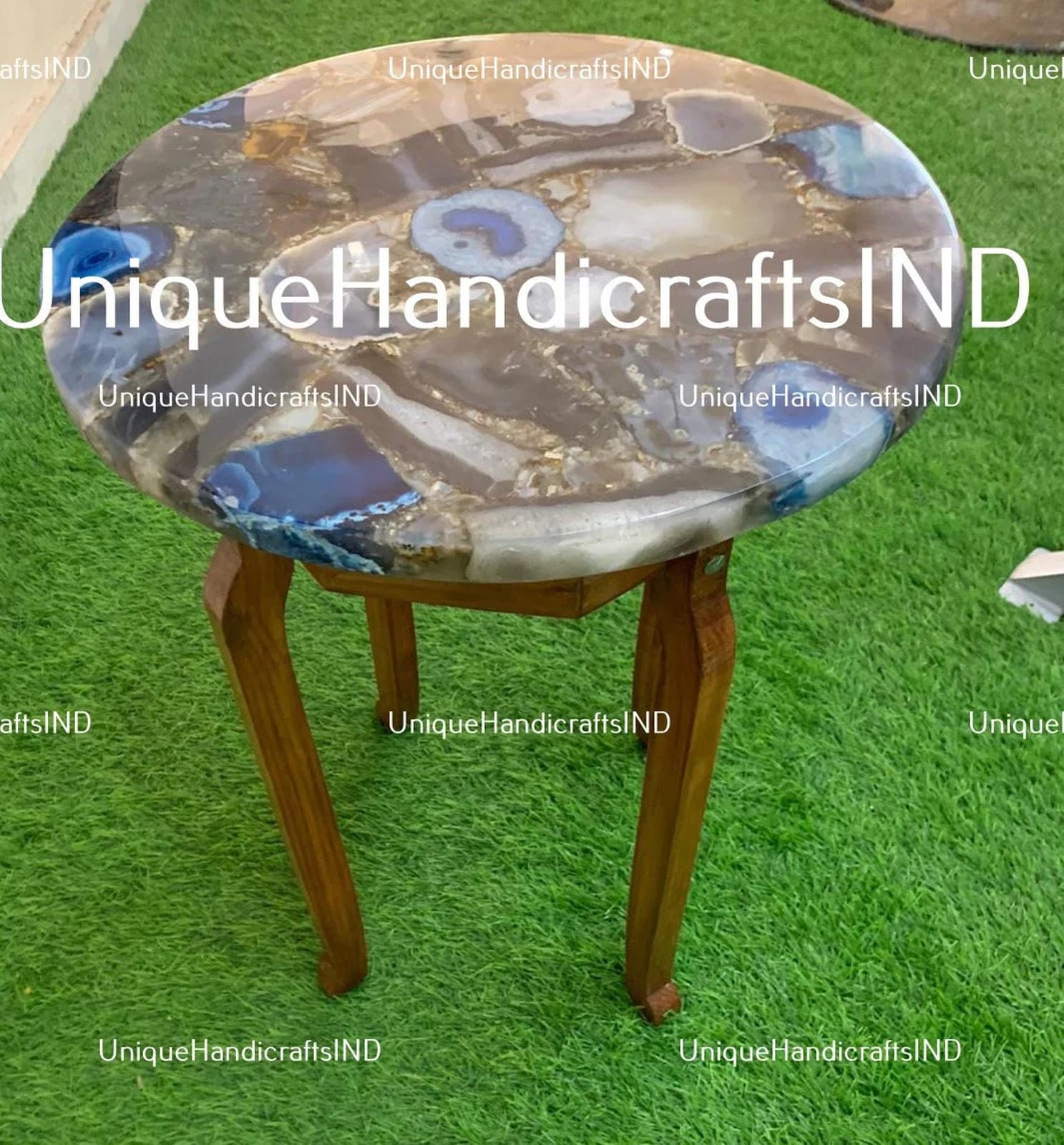 Stone Table top , Natural Blue & Brown Stone Table for home décor Decorative Coffee Table Top Mid Century Table Handmade Round Table Unique Handicrafts IND