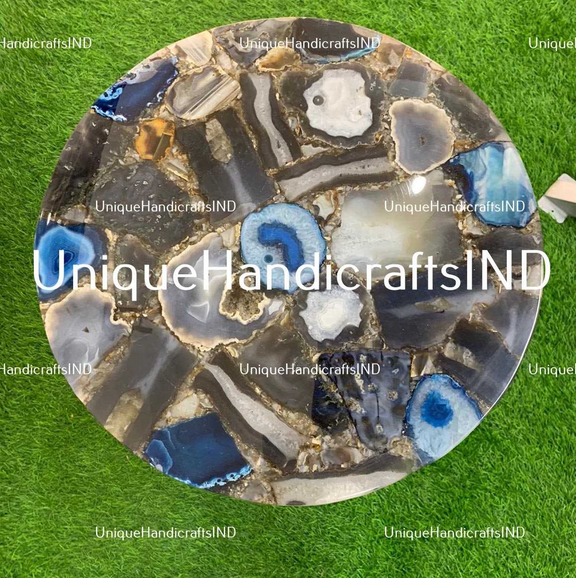 Stone Table top , Natural Blue & Brown Stone Table for home décor Decorative Coffee Table Top Mid Century Table Handmade Round Table Unique Handicrafts IND