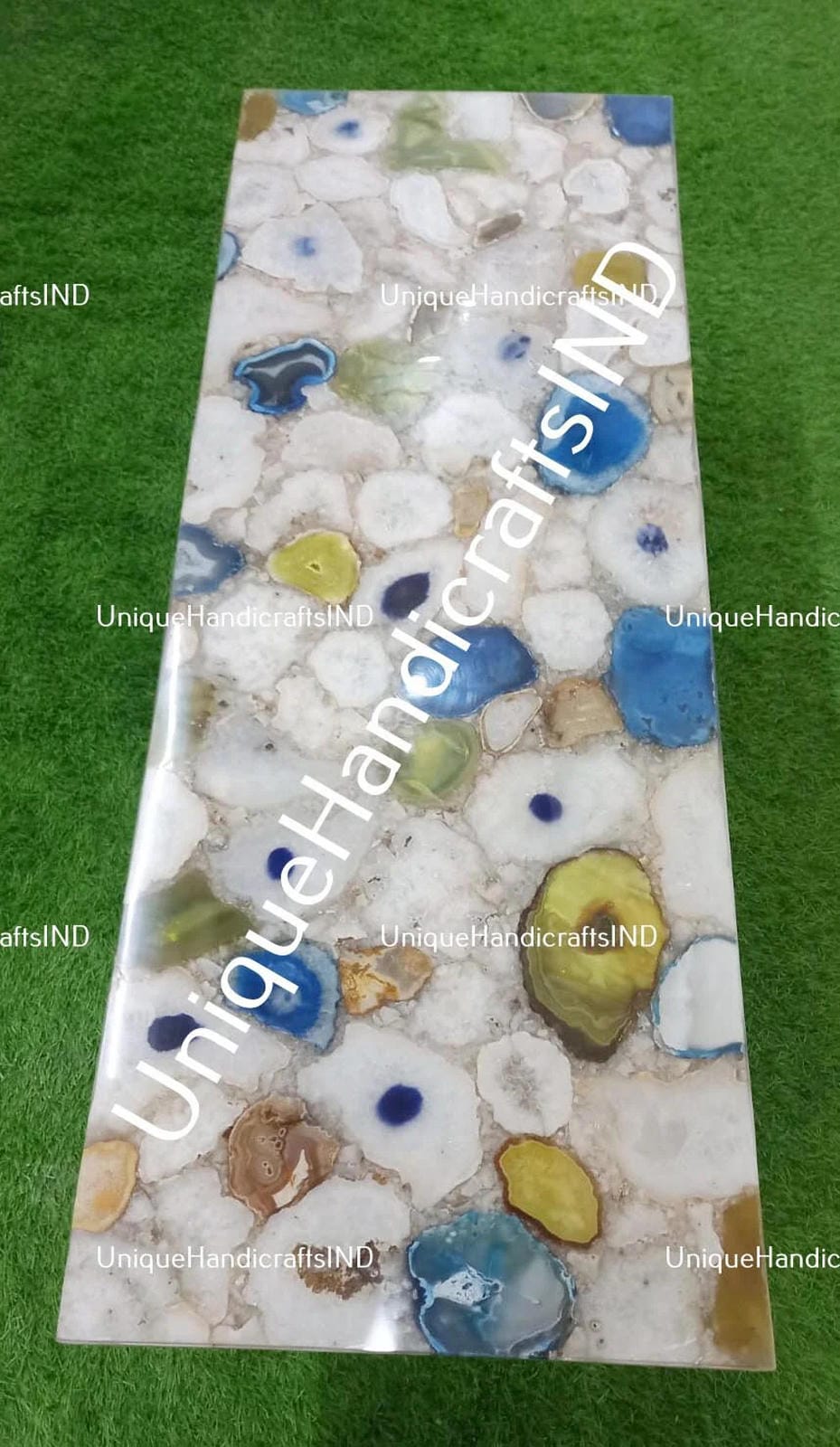 Console Table / White Quartz Stone With Blue & Yellow Agate stone/ Handmade Natural Agate Gem stones Counter Top Slab Home Decor Unique Handicrafts IND