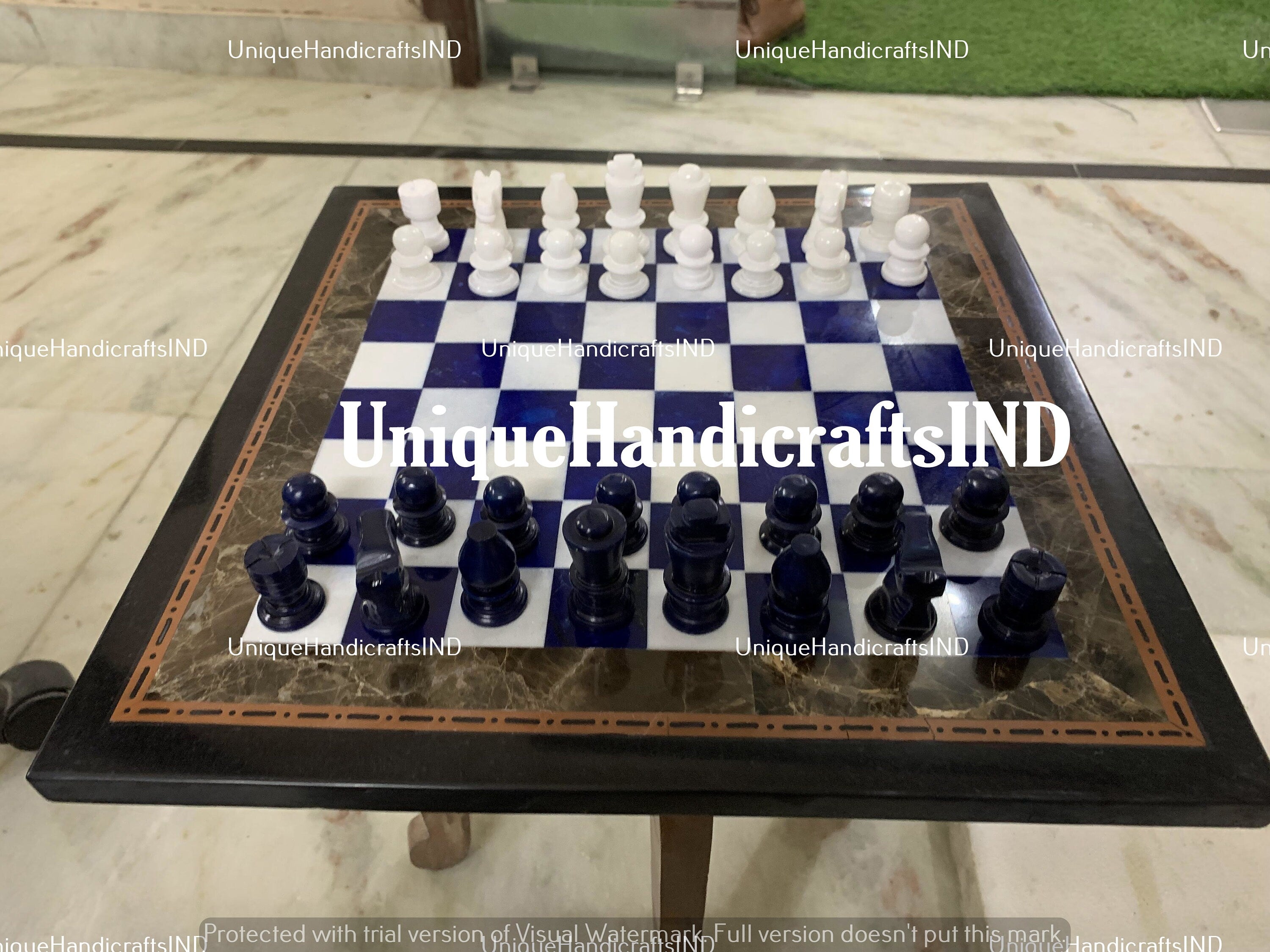 Handmade Black Marble Chess Set – Lapis Lazuli Inlay Art | Luxury Home Décor Gift | Unique Christmas Gift Him | Antique-Style Centerpiece Unique Handicrafts IND