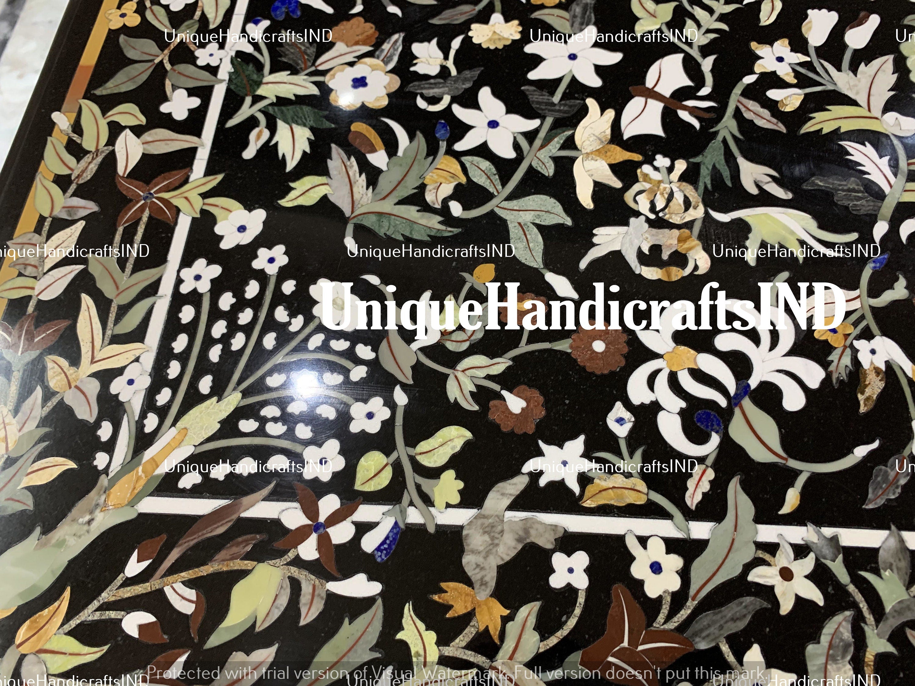 Black Marble Inlay Dining Table Top Handmade Semi Precious Stone Inlay Work PIETRA DURA Art Decor Unique Handicrafts IND