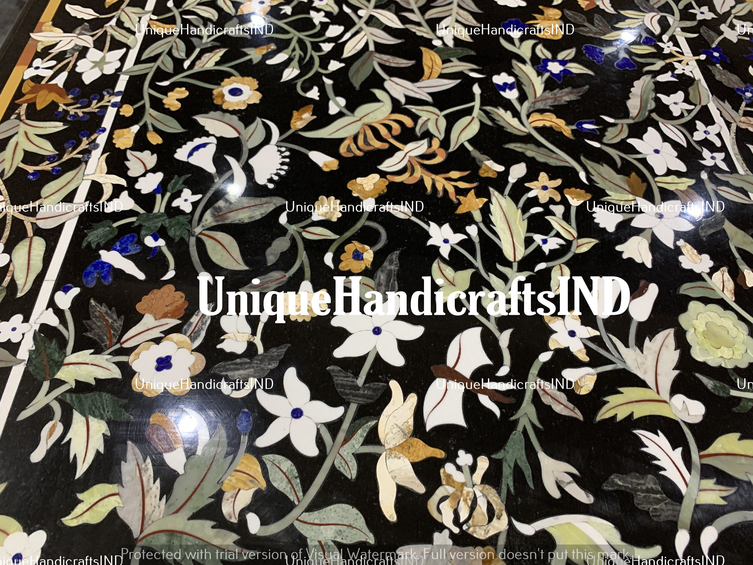 Black Marble Inlay Dining Table Top Handmade Semi Precious Stone Inlay Work PIETRA DURA Art Decor Unique Handicrafts IND