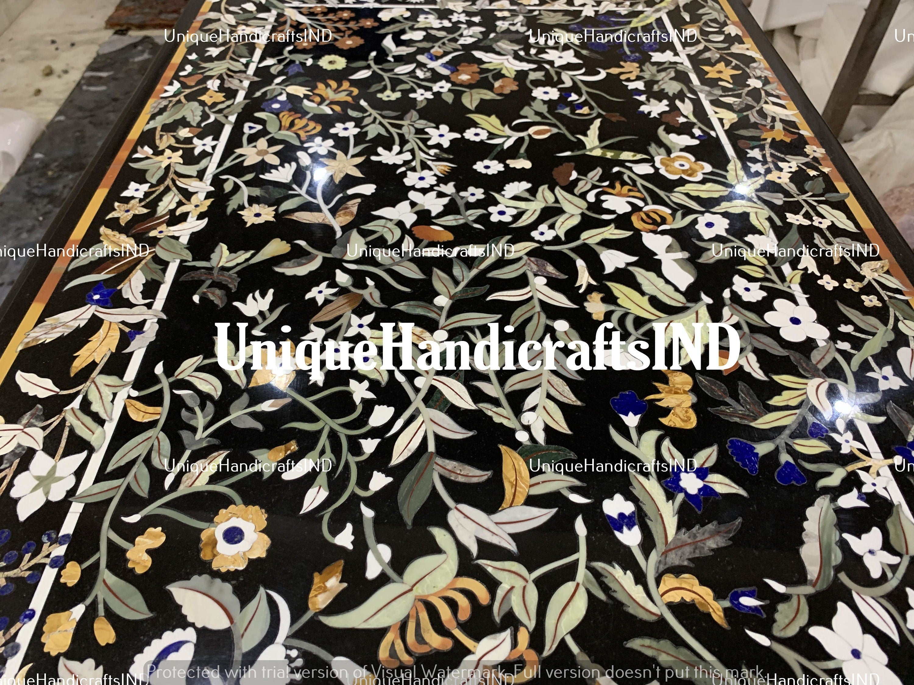 Black Marble Inlay Dining Table Top Handmade Semi Precious Stone Inlay Work PIETRA DURA Art Decor Unique Handicrafts IND
