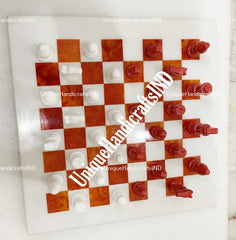 Handmade Marble Chess Board with Carnelian Mosaic - Unique Christmas Gift | Stone Art Board Game | Gift for Him or Her Unique Handicrafts IND