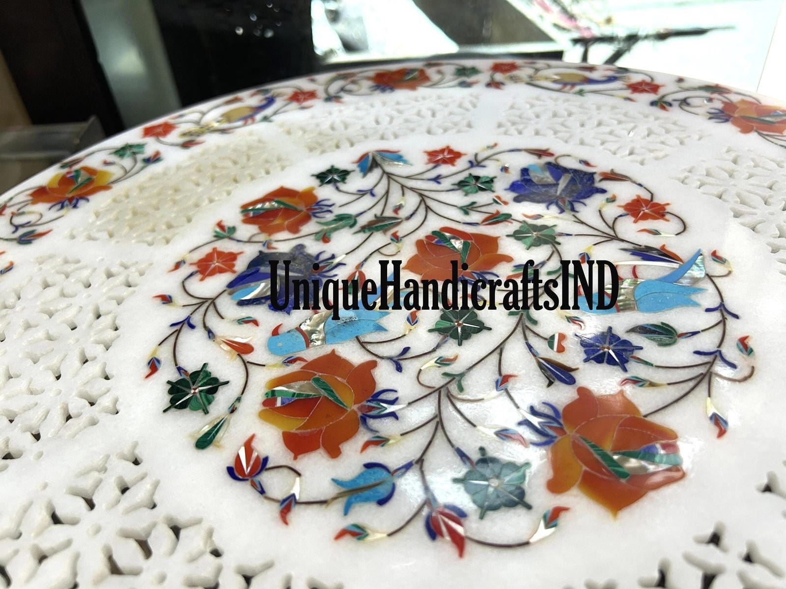 White Marble Inlay Table, White Marble Coffee Table, Marble Table Top for Luxury Homes, Marble Table Pietradura Work Unique Handicrafts IND