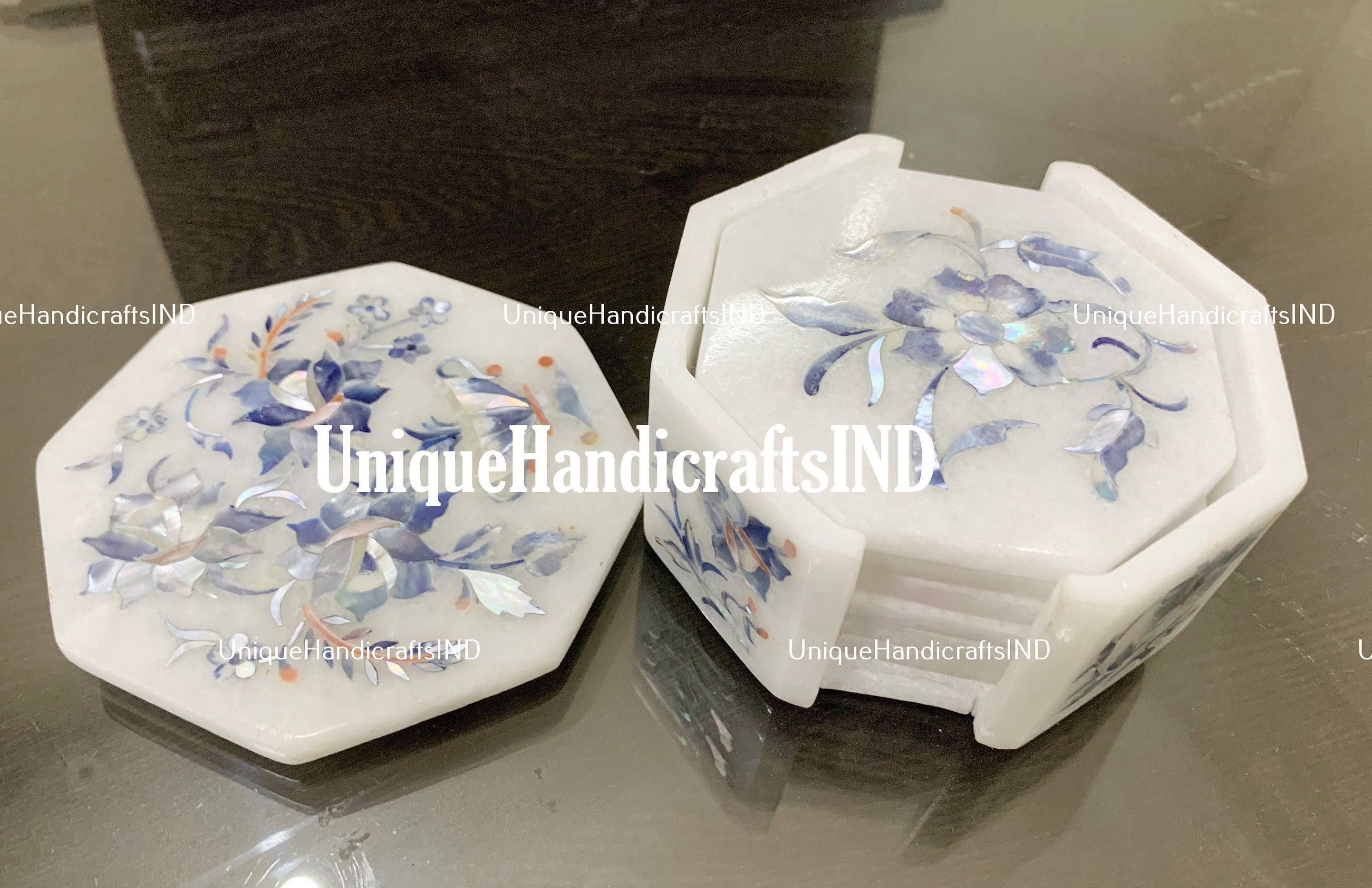 Natural Marble Coasters, Drink Coasters, Stone Coasters Set With Holder, Inlay Coasters,Wedding, Valentine, Housewarming, Mothers Day Gifts Unique Handicrafts IND