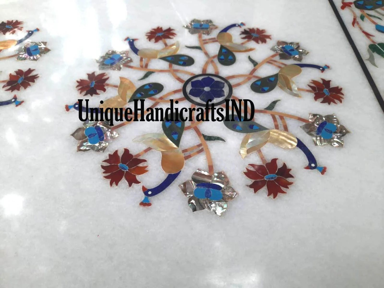 Marble Dining Table Top Semi Precious Stone Inlay Floral Work Handmade Pietra Dura Art Handmade Living Room Decor Furniture Unique Handicrafts IND