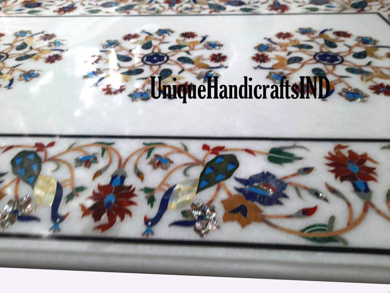 Marble Dining Table Top Semi Precious Stone Inlay Floral Work Handmade Pietra Dura Art Handmade Living Room Decor Furniture Unique Handicrafts IND