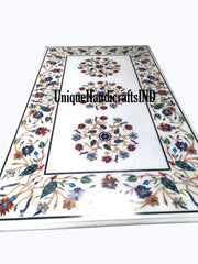 Marble Dining Table Top Semi Precious Stone Inlay Floral Work Handmade Pietra Dura Art Handmade Living Room Decor Furniture Unique Handicrafts IND
