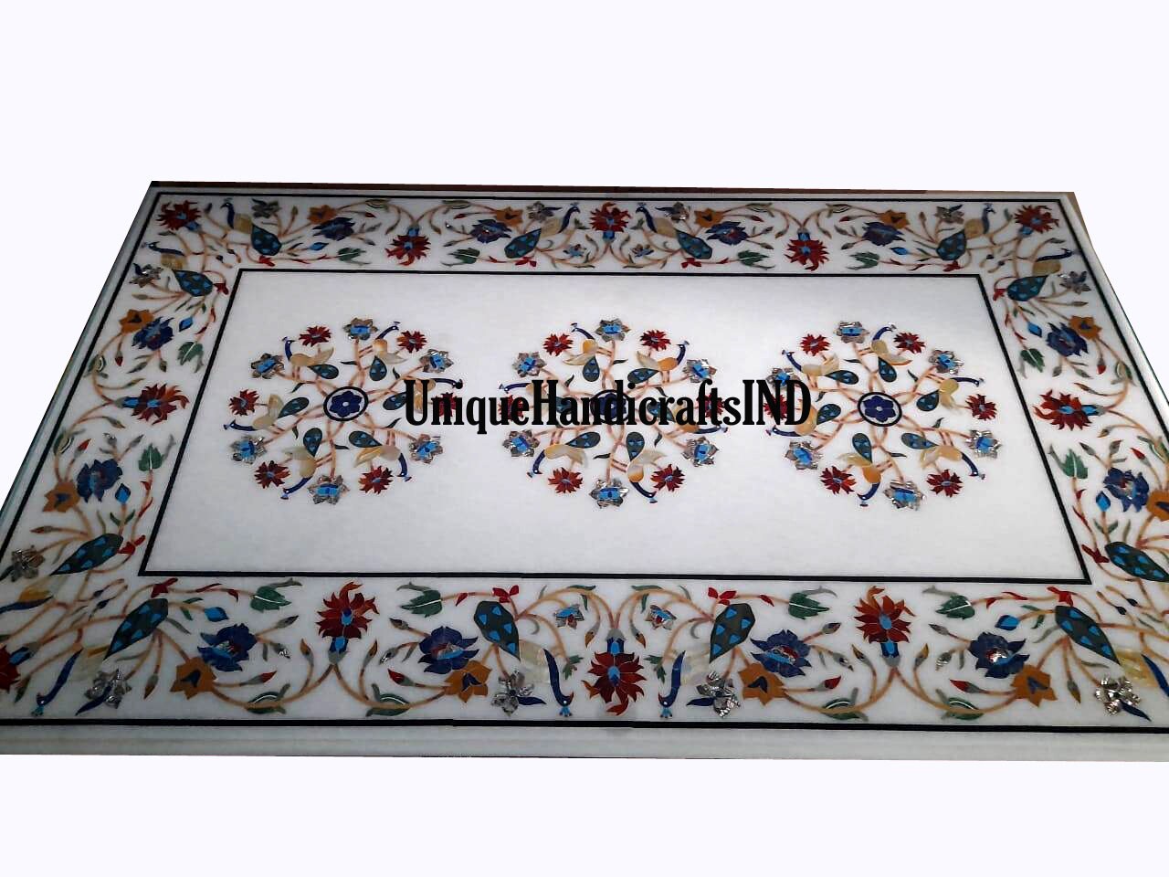 Marble Dining Table Top Semi Precious Stone Inlay Floral Work Handmade Pietra Dura Art Handmade Living Room Decor Furniture Unique Handicrafts IND