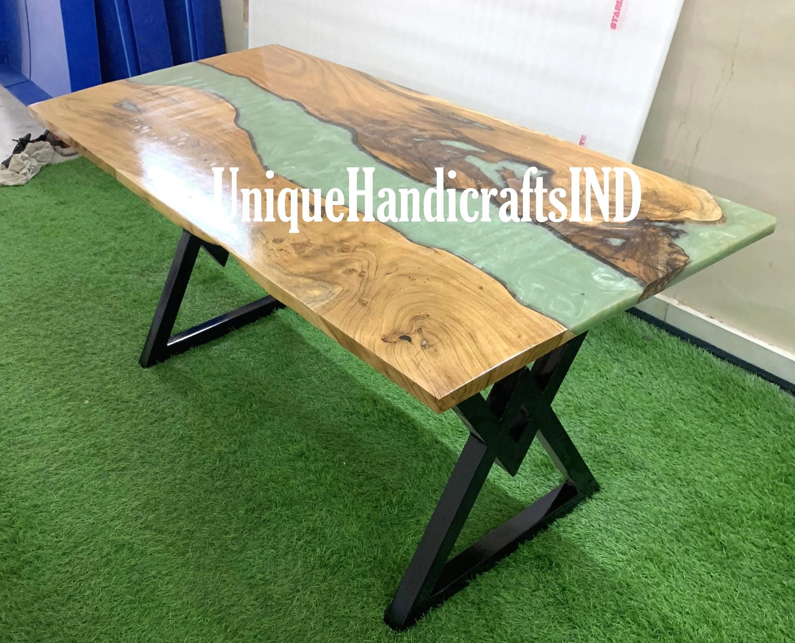 Epoxy Dining Table, Dining Room Furniture, Kitchen Table, Natural Wooden Table , Green Epoxy Resin Table, Natural Wood Furniture Unique Handicrafts IND