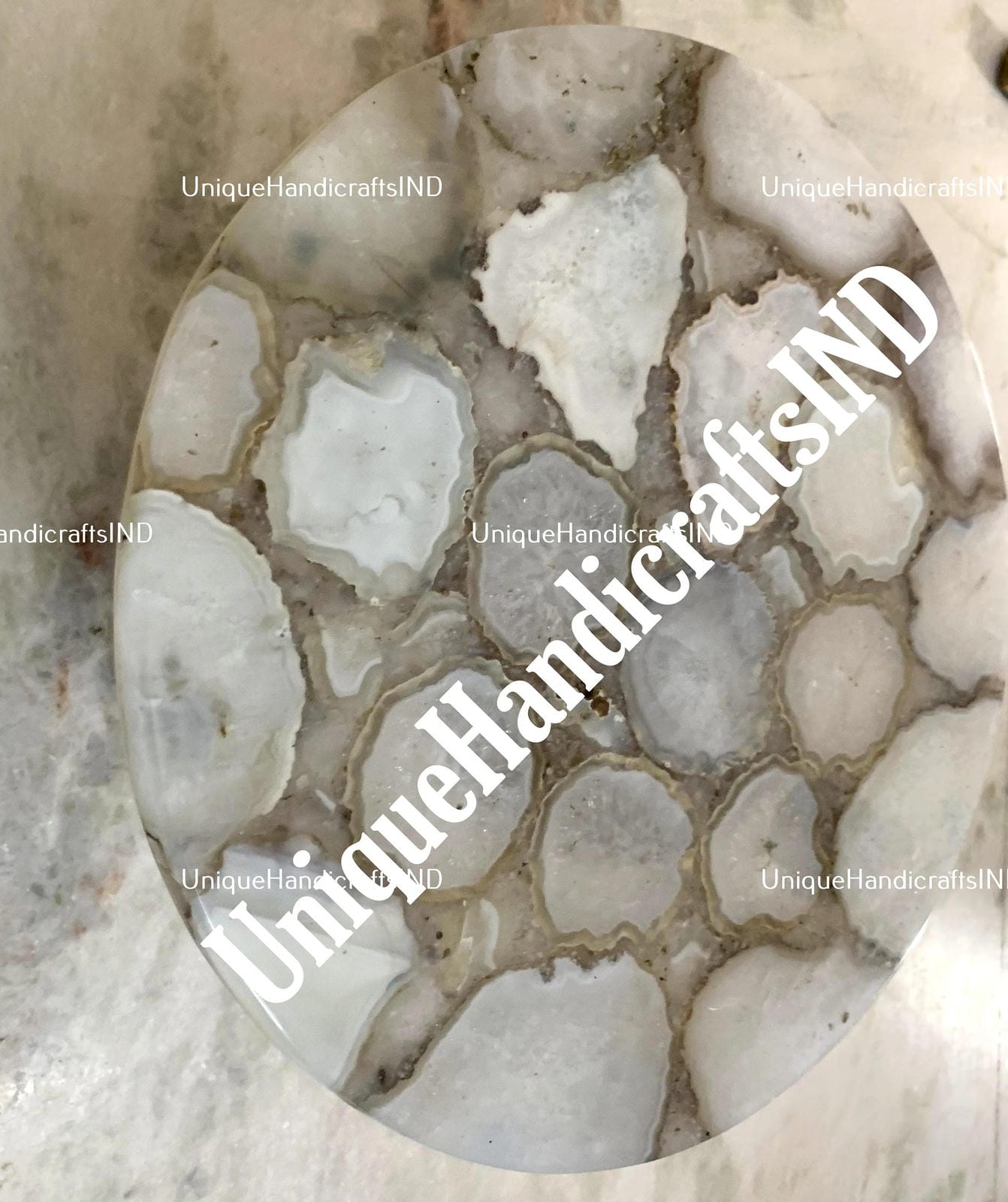 Coffee Table With White Salt Agate Natural Stone Handmade Round Living room Furniture Unique Handicrafts IND
