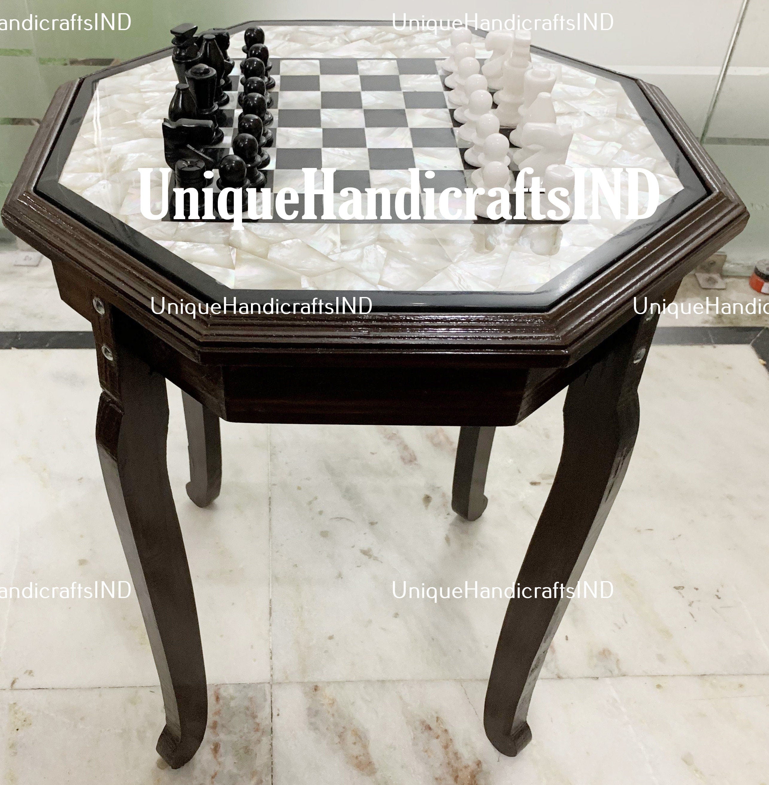 Christmas Gifts Marble Chess Set game table with pieces / Mother of pearls Chess Game Table Top / Best Gifts for Son Birthday / Inlay Art Unique Handicrafts IND