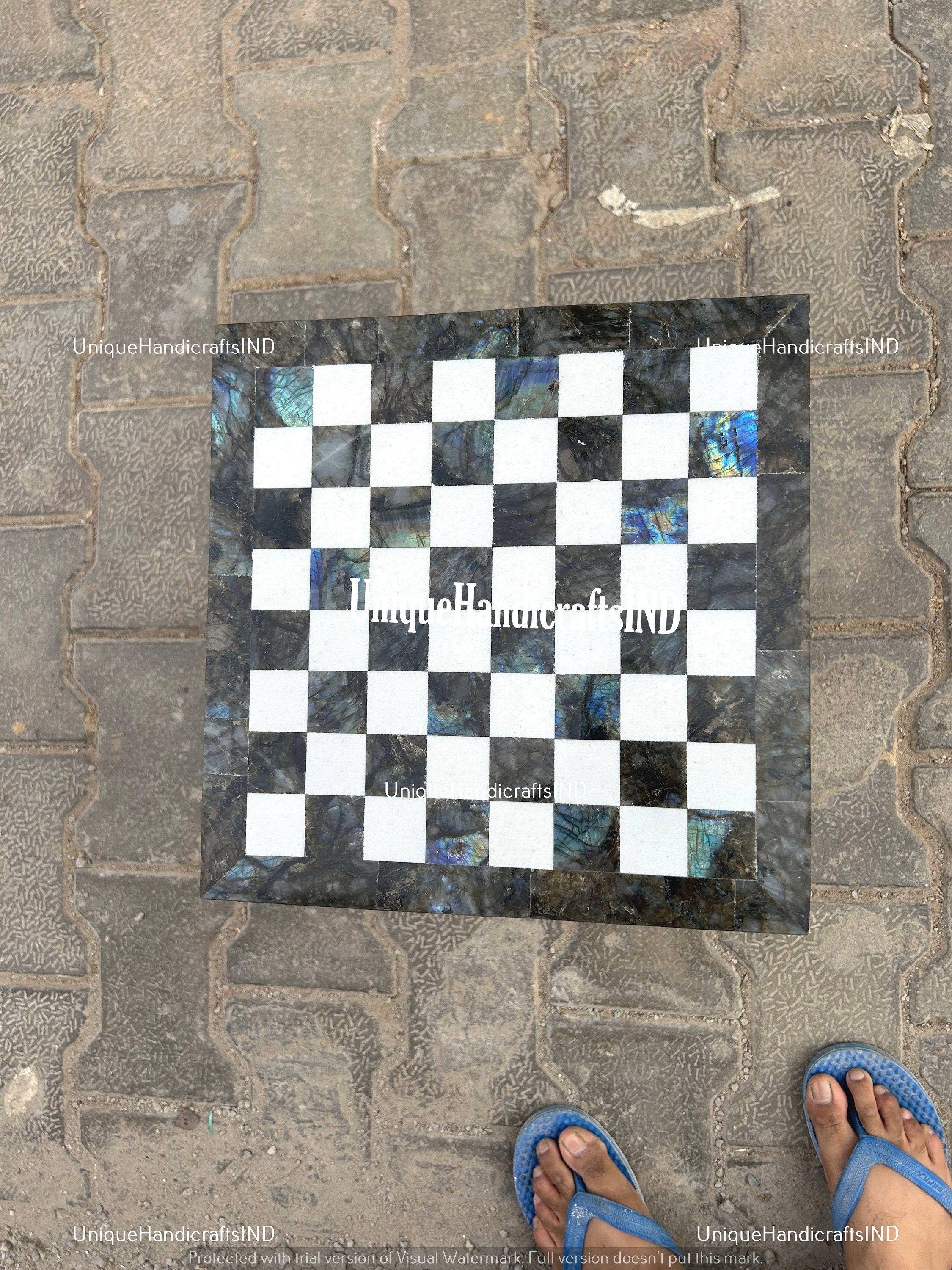 Christmas Gifts Labradorite & Marble Chess Board, Collectible Blue And White Marble Gemstone Chess Board Table Handmade Collectible And Gift Unique Handicrafts IND