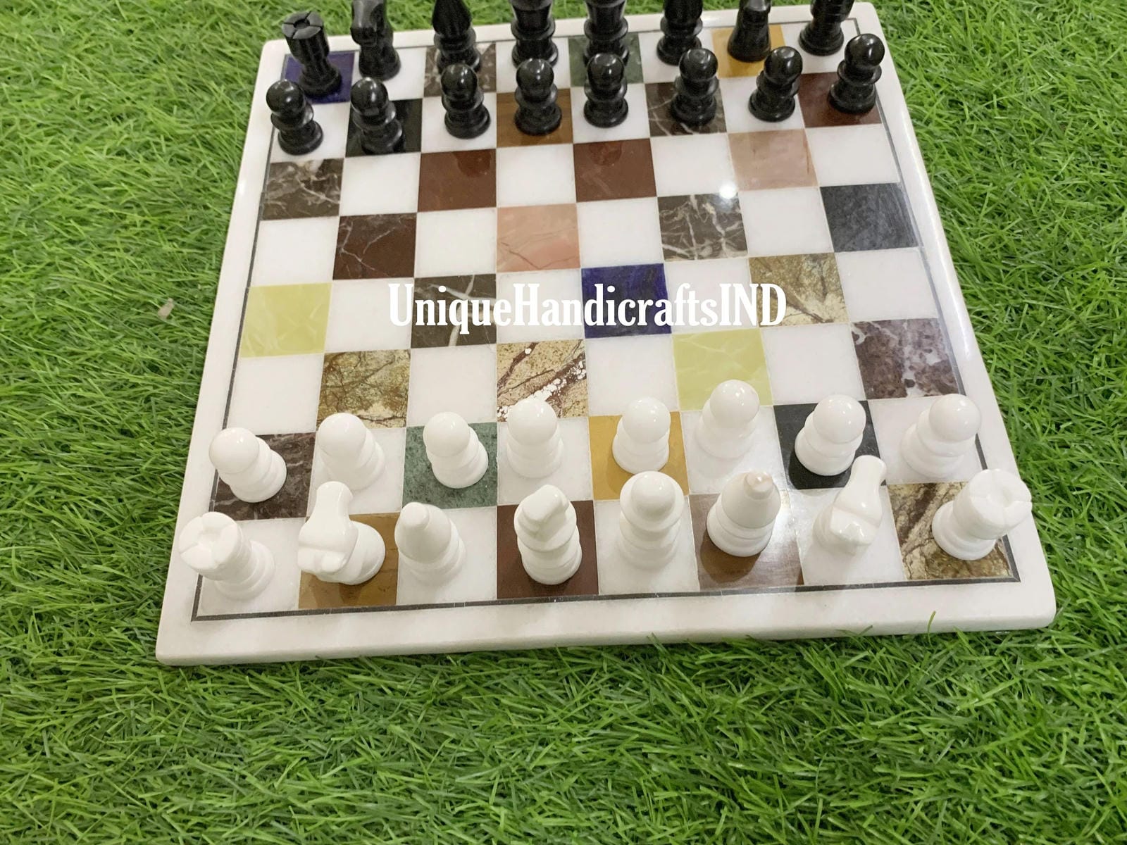 Marble Chess Board Set With Chess Pieces Multi Stone Mosaic Arts Best Fathers Day Gift Multi Color Stones marble chess set Unique Handicrafts IND
