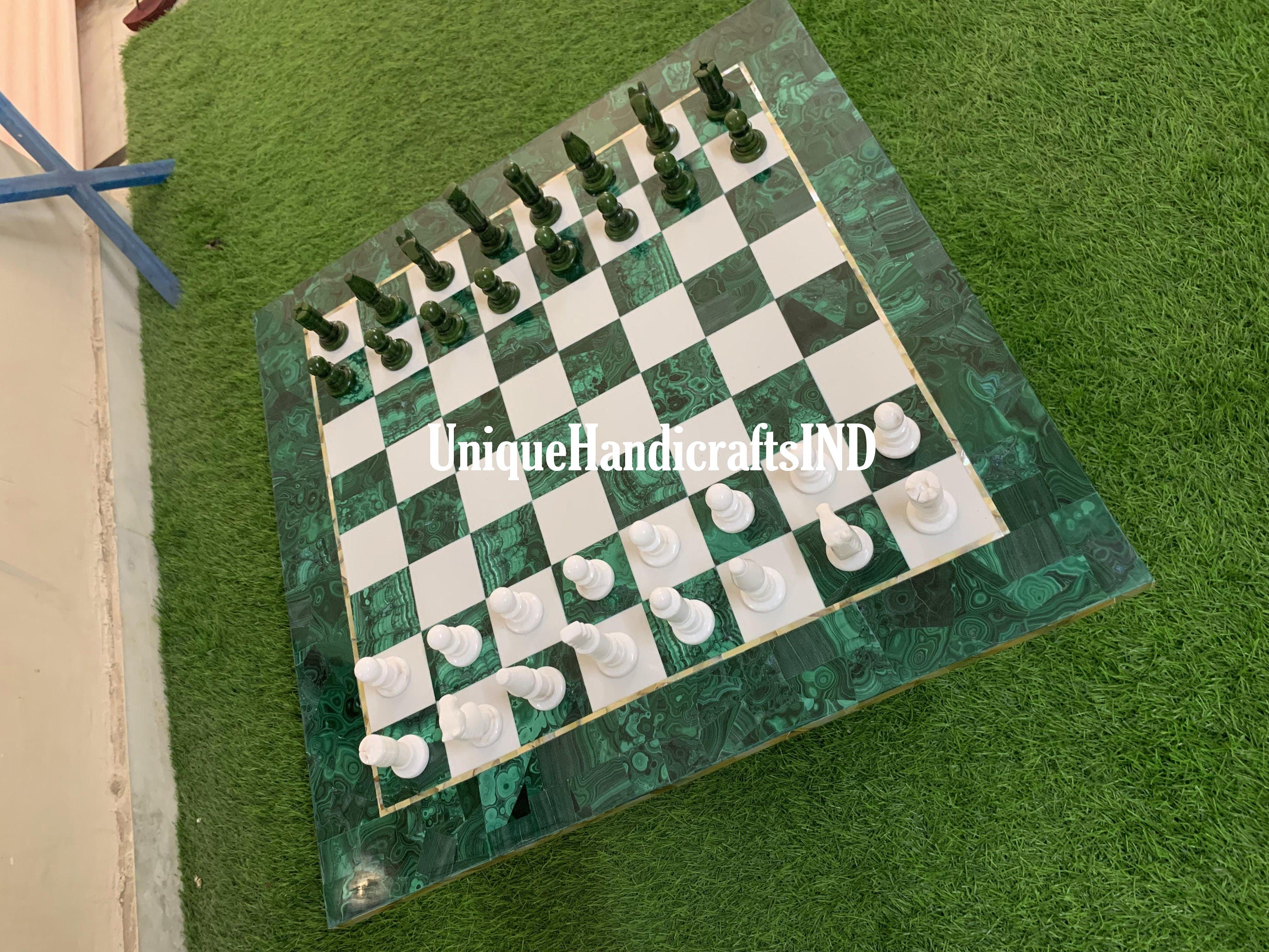 Christmas Gifts ,Luxury Malachite Chess Board Game with Chess Pieces /Marble & Malachite Stone overlay work chess set best Gift For Him Unique Handicrafts IND