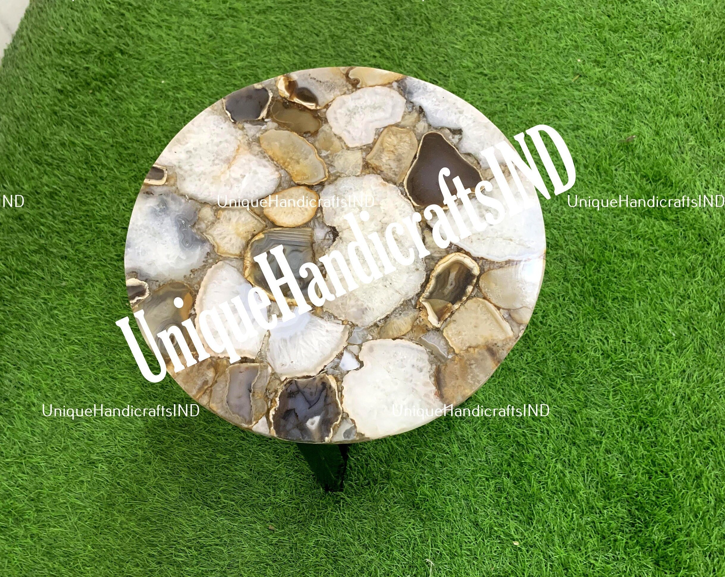 Round Coffee Table Top With Natural Brown Agate Stone Arts/ Side Table Handmade Home Decor Unique Handicrafts IND