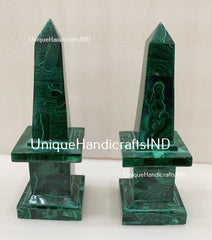 Marble Malachite Obelisk | Set Of 2 Pair | Handmade Marble Obelisk | Handmade Overlay Design Art | Showpiece Living Room Decor Unique Handicrafts IND