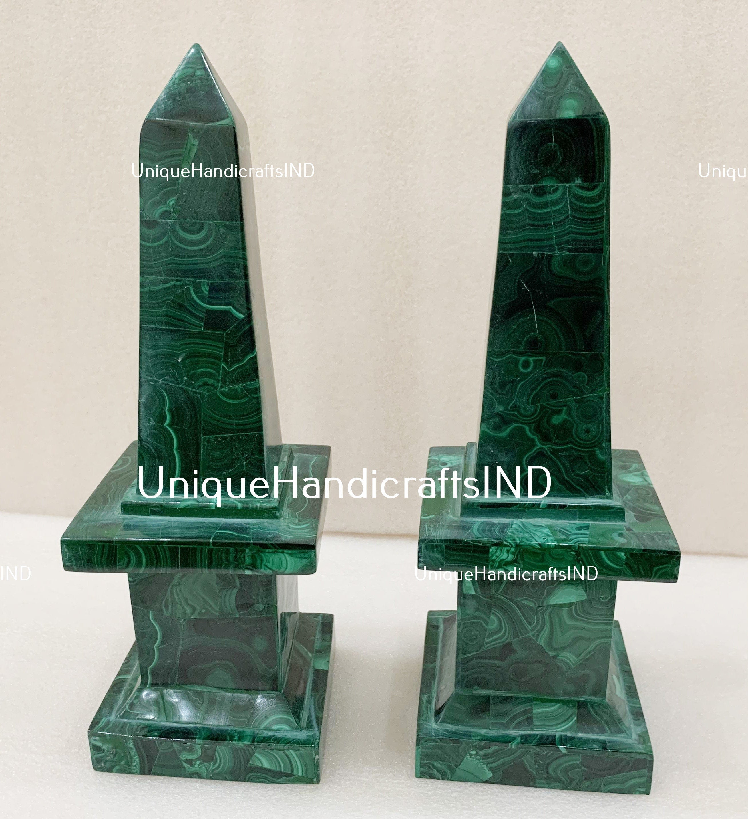 Marble Malachite Obelisk | Set Of 2 Pair | Handmade Marble Obelisk | Handmade Overlay Design Art | Showpiece Living Room Decor Unique Handicrafts IND