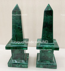 Marble Malachite Obelisk | Set Of 2 Pair | Handmade Marble Obelisk | Handmade Overlay Design Art | Showpiece Living Room Decor Unique Handicrafts IND