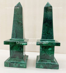 Marble Malachite Obelisk | Set Of 2 Pair | Handmade Marble Obelisk | Handmade Overlay Design Art | Showpiece Living Room Decor Unique Handicrafts IND
