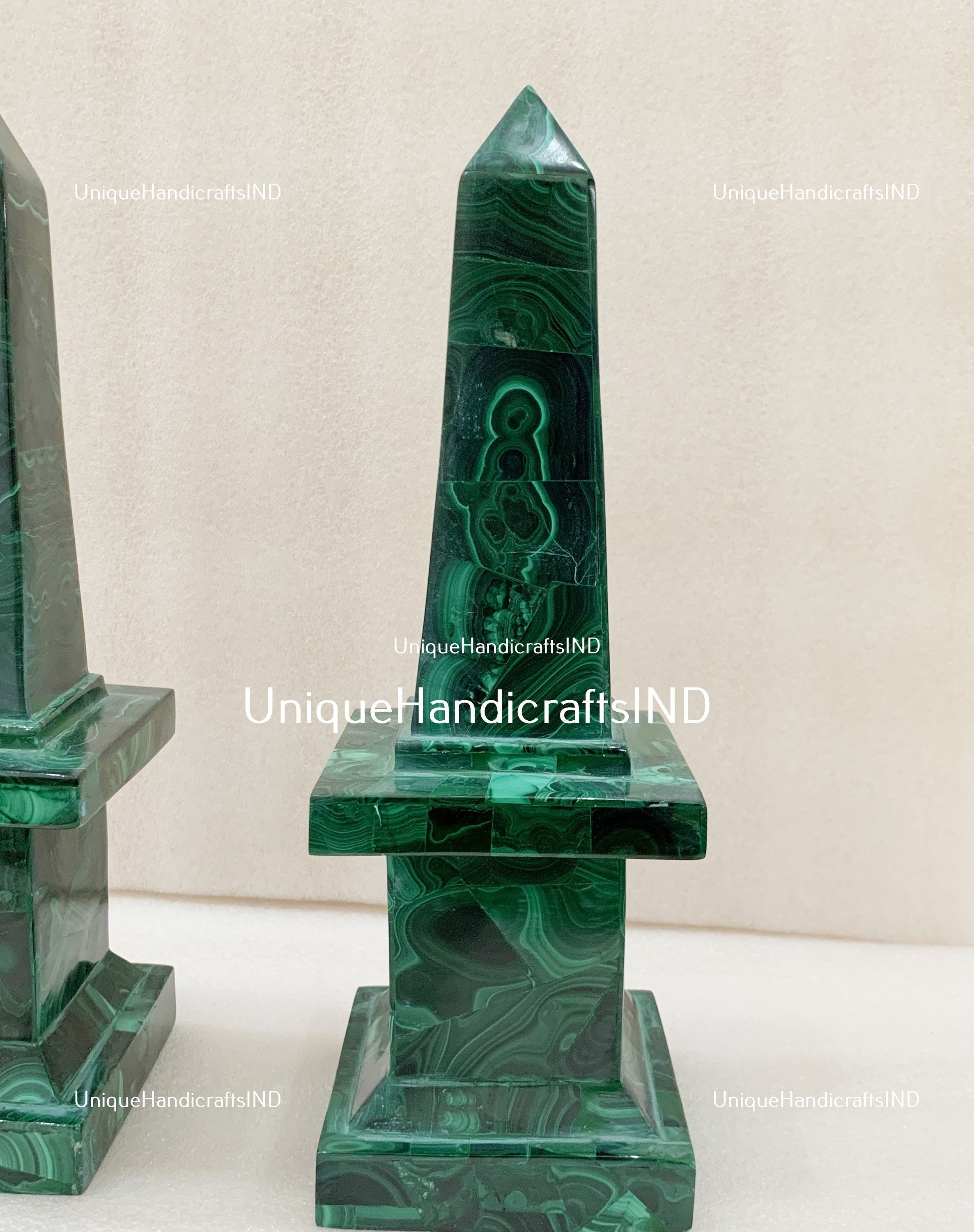 Marble Malachite Obelisk | Set Of 2 Pair | Handmade Marble Obelisk | Handmade Overlay Design Art | Showpiece Living Room Decor Unique Handicrafts IND