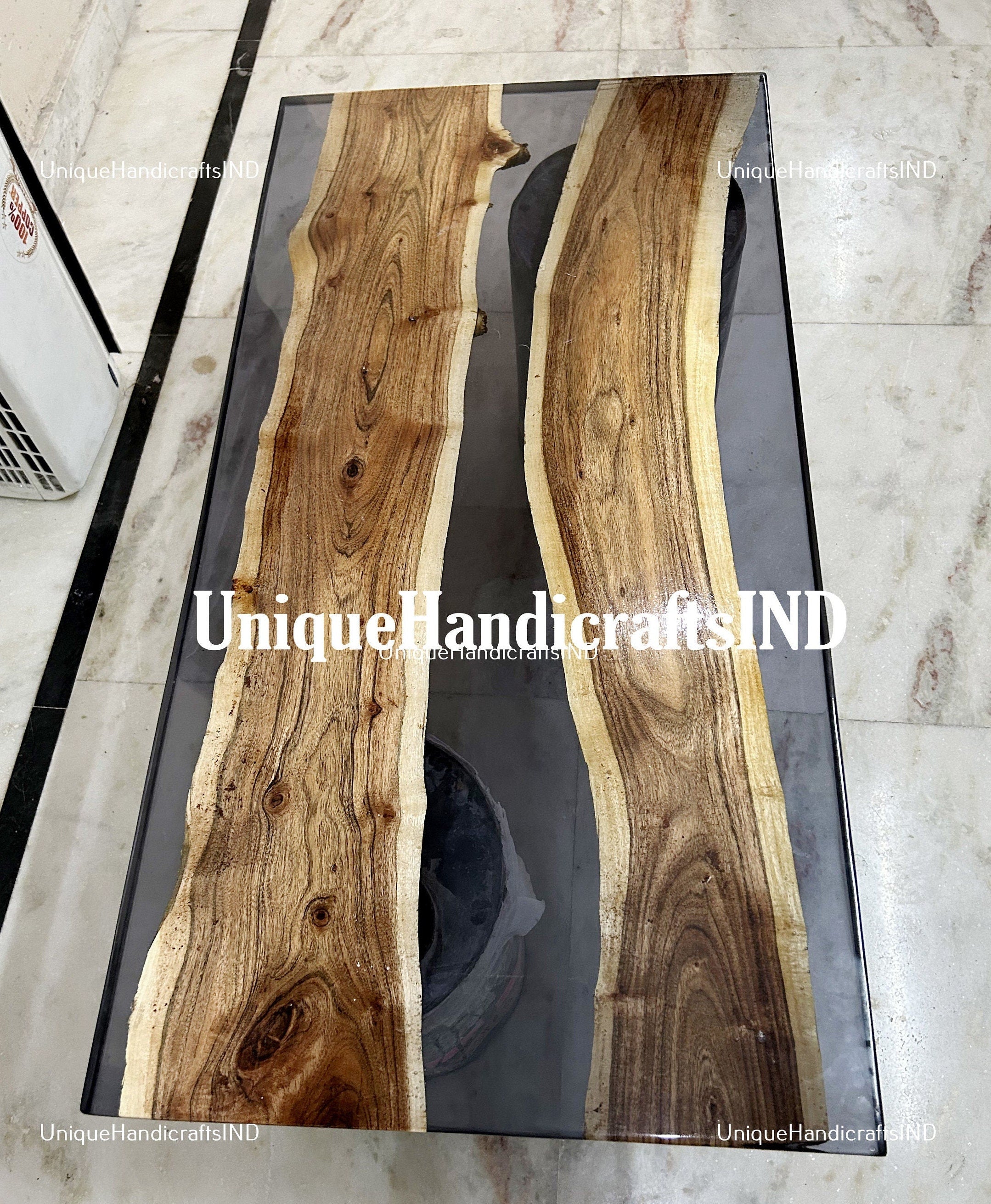 Custom Clear Epoxy Resin Dining Table | Handmade Live Edge Walnut Wood Table | Large Rustic Furniture for Your Home Unique Handicrafts IND