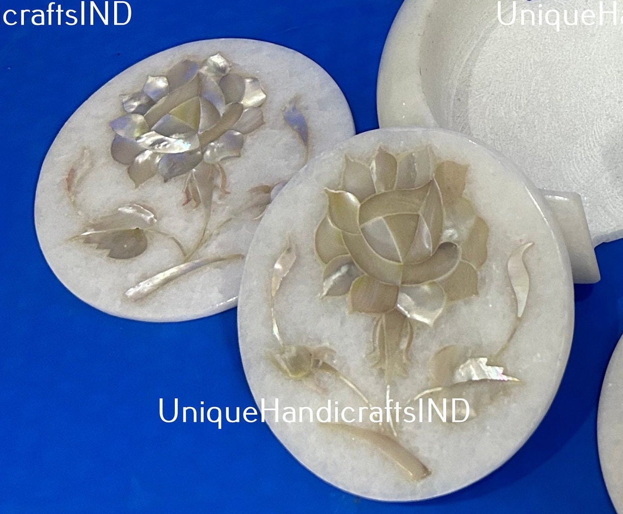 Halloween Sale Marble Coaster Floral Inlay / Stone Coaster set / Drinks Coasters With Holder Mother of pearls Stone Arts Gift Him Unique Handicrafts IND