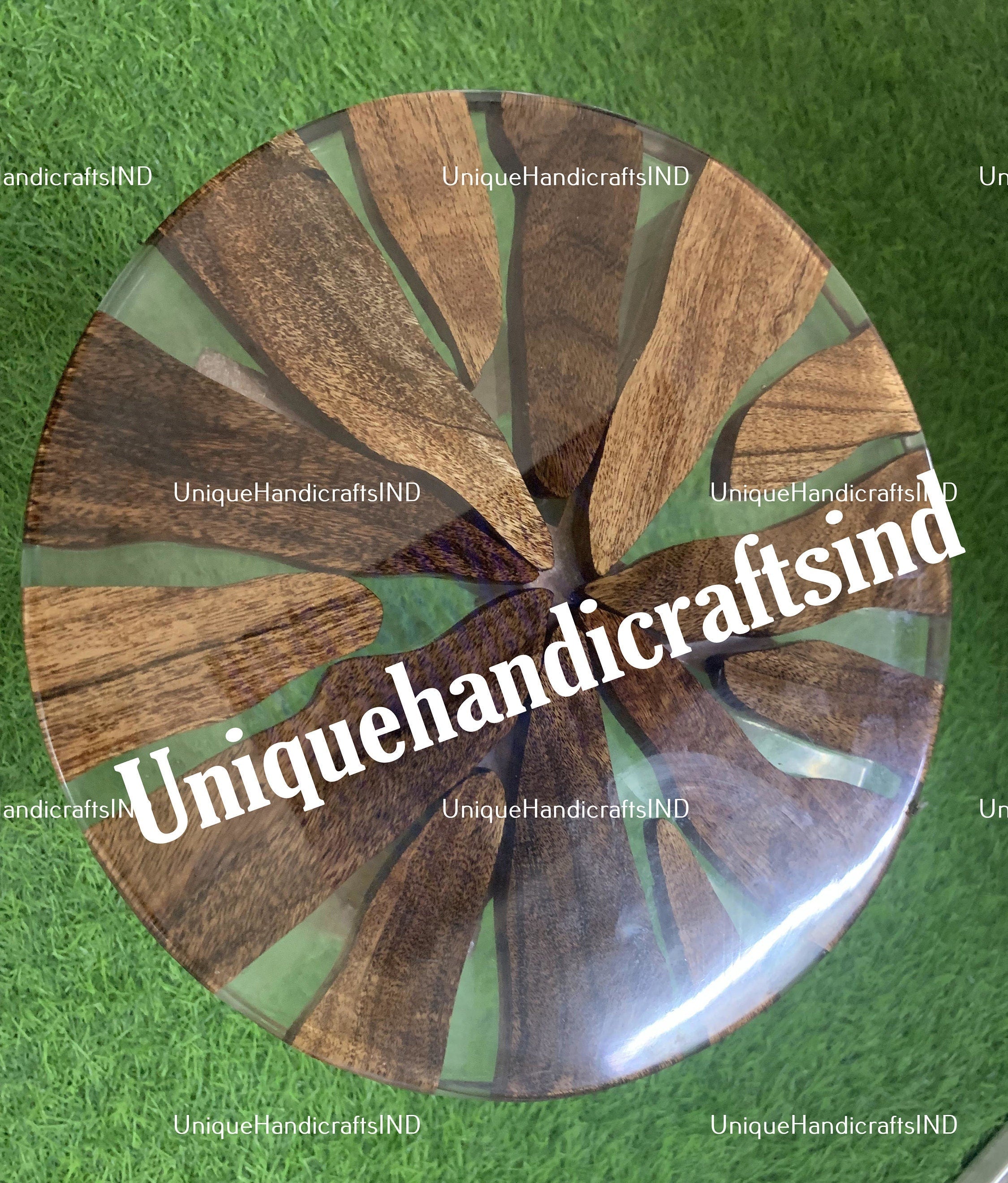 Round Wood Table Top with Clear Epoxy Resin - Handmade Coffee & Dining Table, Unique Resin Furniture, Home Decor Unique Handicrafts IND