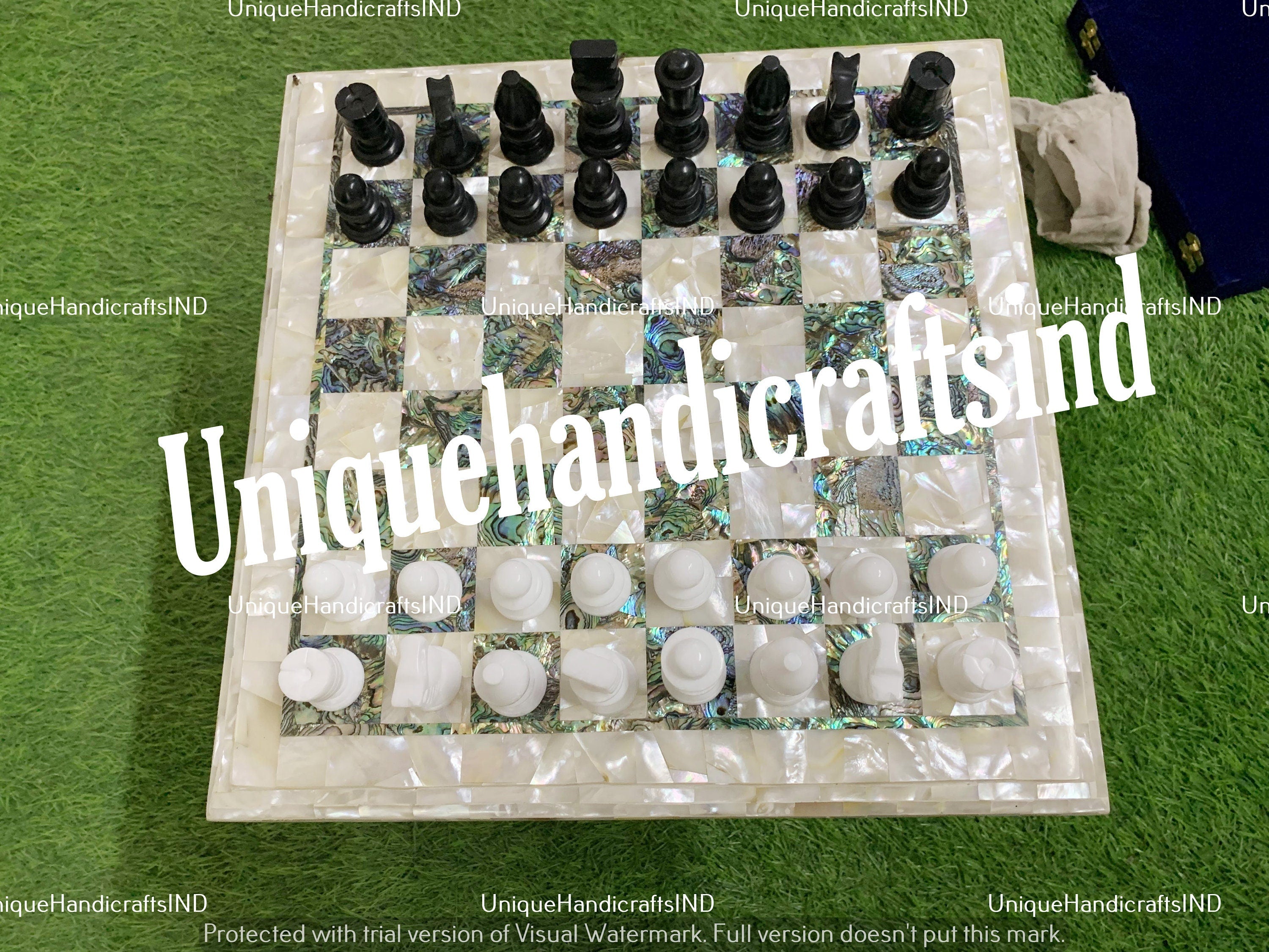 Christmas Gifts White Marble Chess Set - Handmade Indoor Game with Pauashell Inlaid - Unique Gift for Dad & Top Table Decoration Unique Handicrafts IND