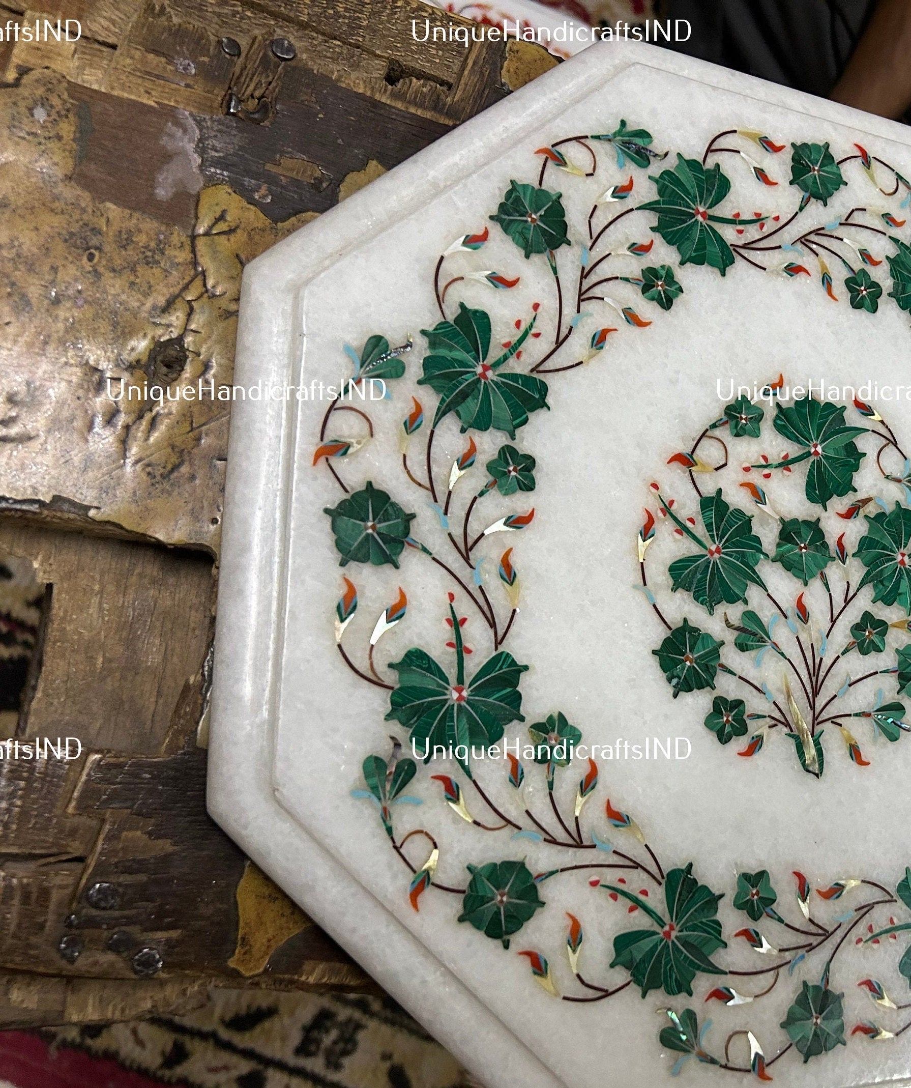 White Marble Corner Table Top Inlay Semi Precious Gemstones Pietradura Handmade Home Room Decor Unique Handicrafts IND