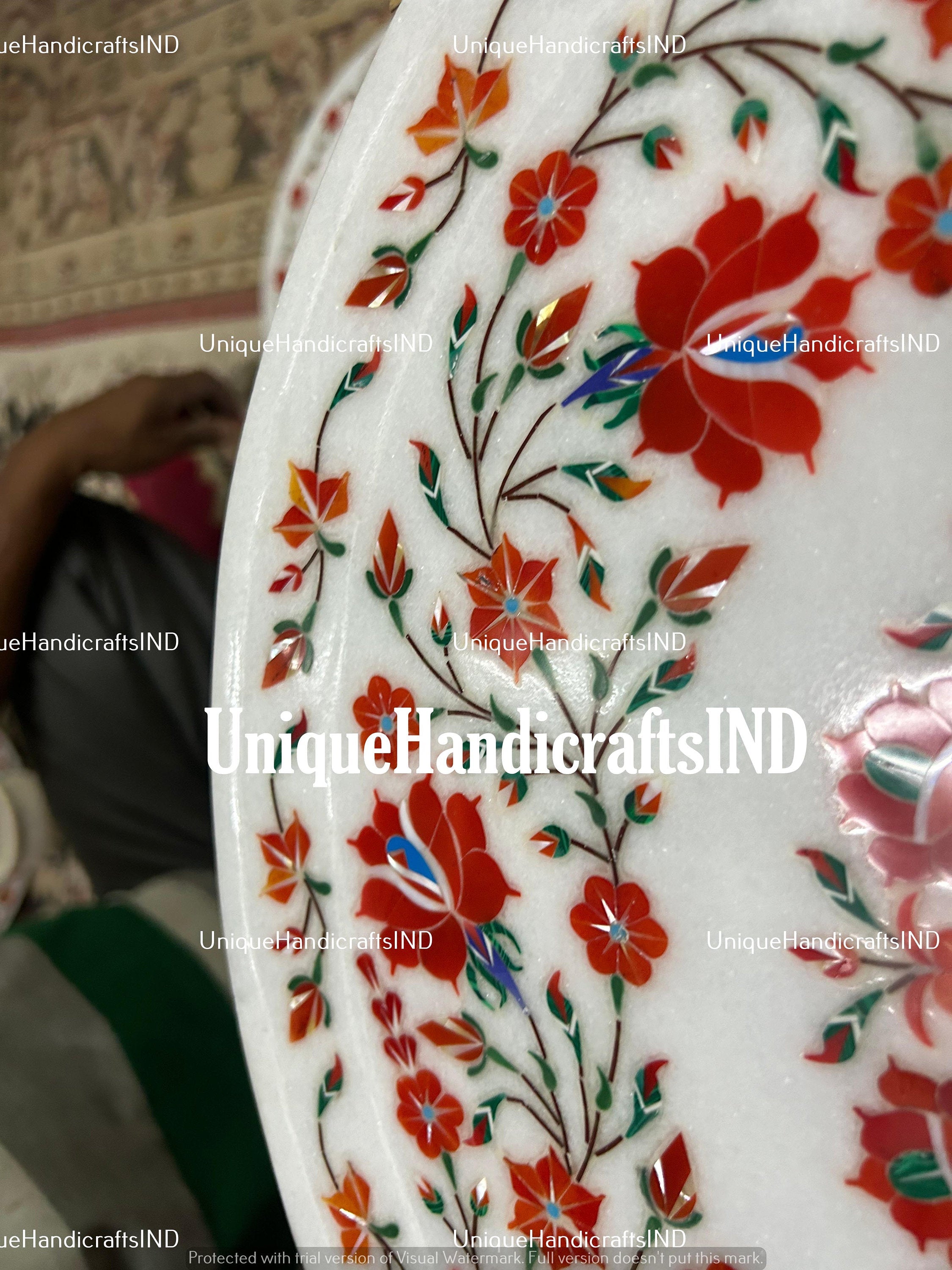 White Marble Inlay Coffee Table Top Carnelian Marquetry Floral Fine Arts Home decor Gifts Unique Handicrafts IND
