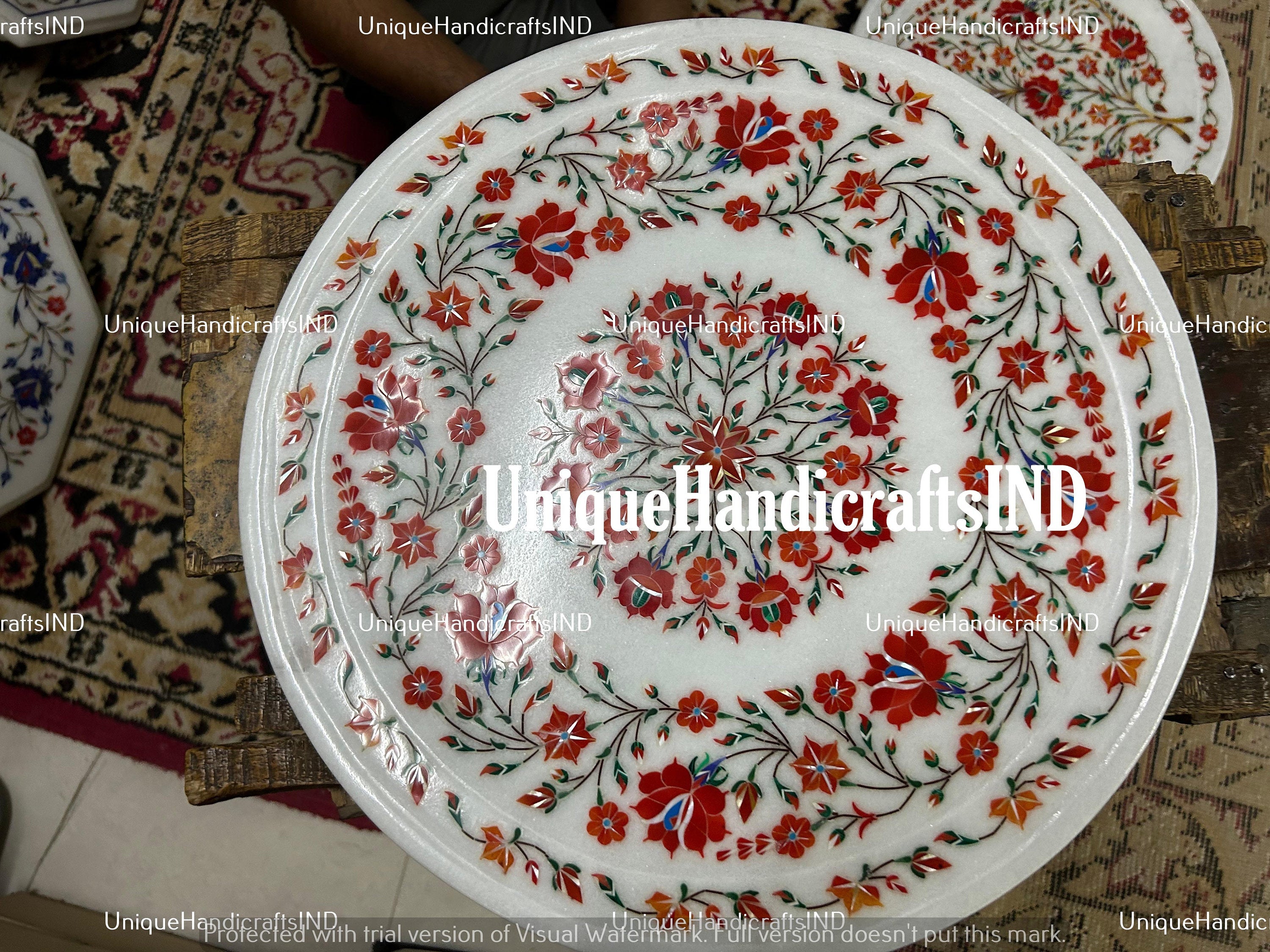 White Marble Inlay Coffee Table Top Carnelian Marquetry Floral Fine Arts Home decor Gifts Unique Handicrafts IND