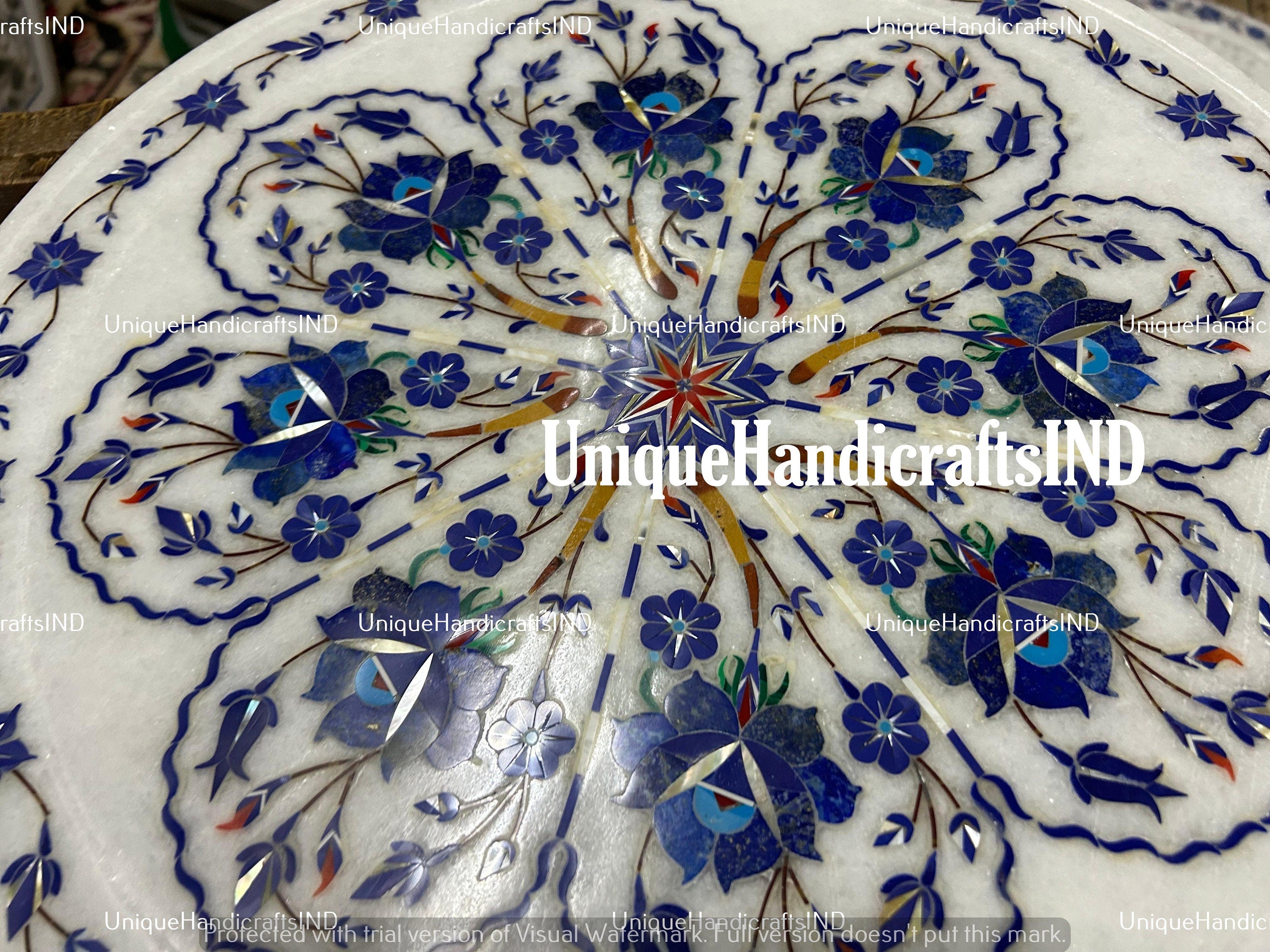 Side Table Top White Marble Handmade Vintage Inlay Lapis Stone Floral Art Unique Furniture From India Unique Handicrafts IND