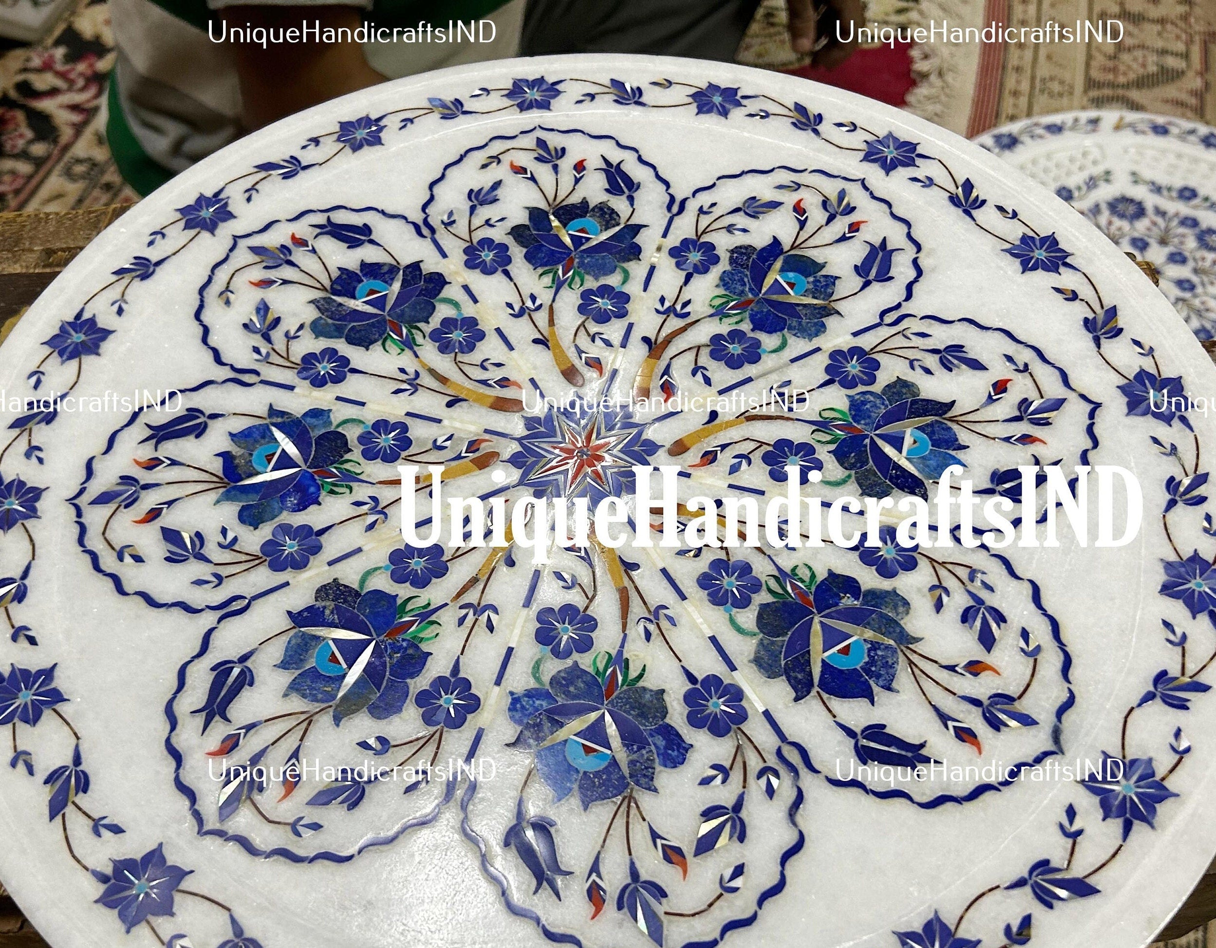 Side Table Top White Marble Handmade Vintage Inlay Lapis Stone Floral Art Unique Furniture From India Unique Handicrafts IND