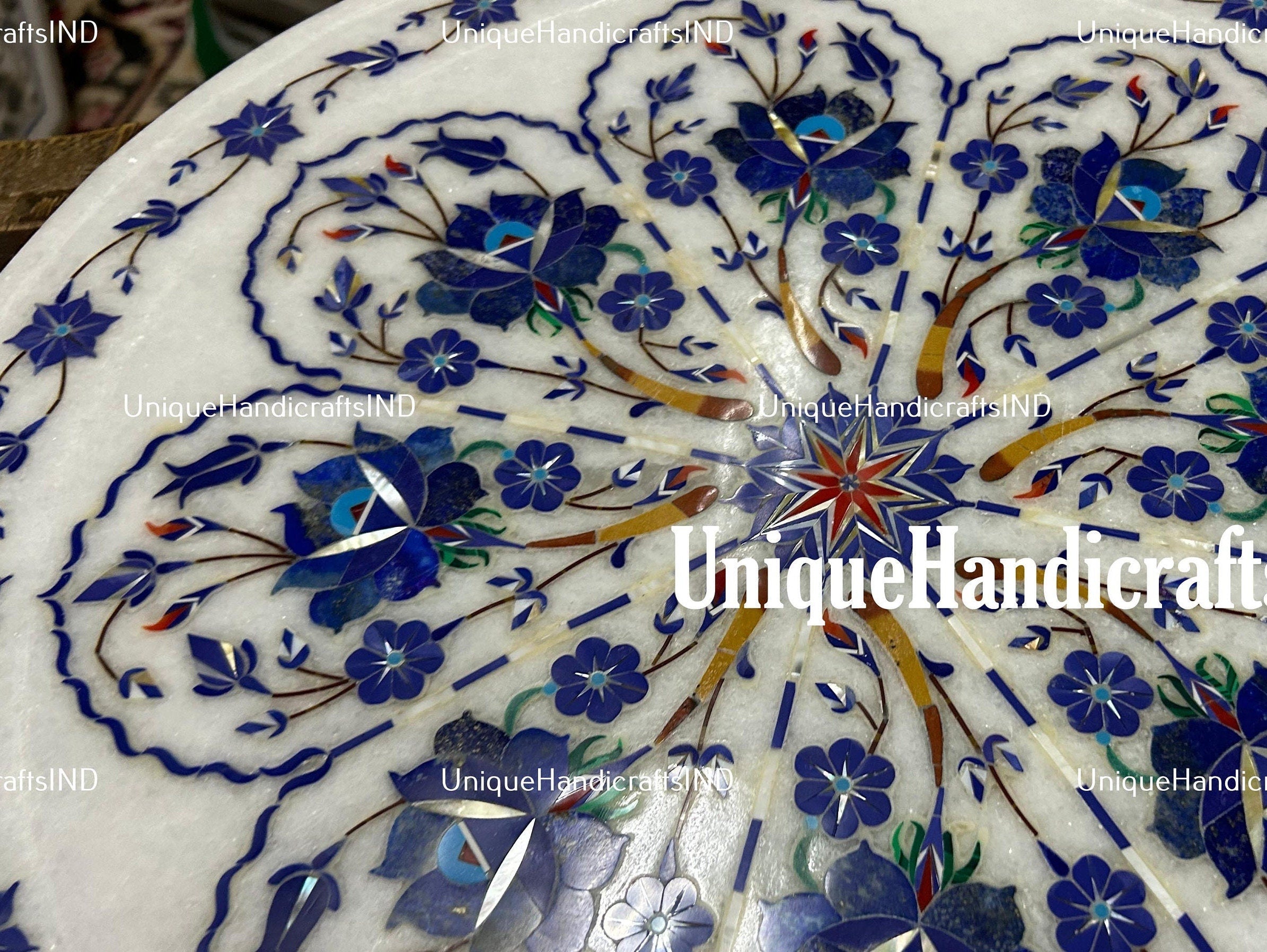 Side Table Top White Marble Handmade Vintage Inlay Lapis Stone Floral Art Unique Furniture From India Unique Handicrafts IND