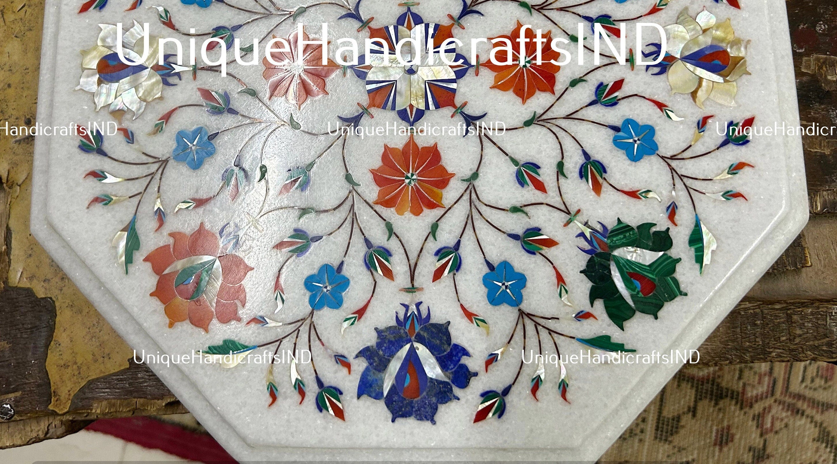 Marble Coffee Table Top / Inlay Work Coffee Table Top / Octagon Shape White Marble Sofa Center Table Semi precious Stone Arts Gift Her Unique Handicrafts IND