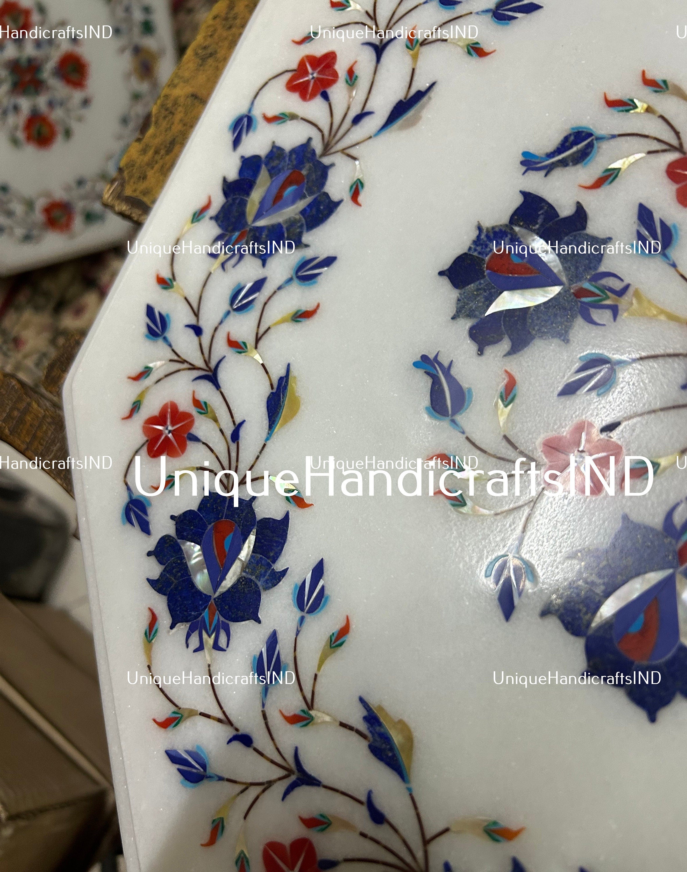 Marble End Table & Coffee Table, Flower Design Marble Table Top, Small Marble Table Top for Balcony, Marble Furniture Table for living room Unique Handicrafts IND