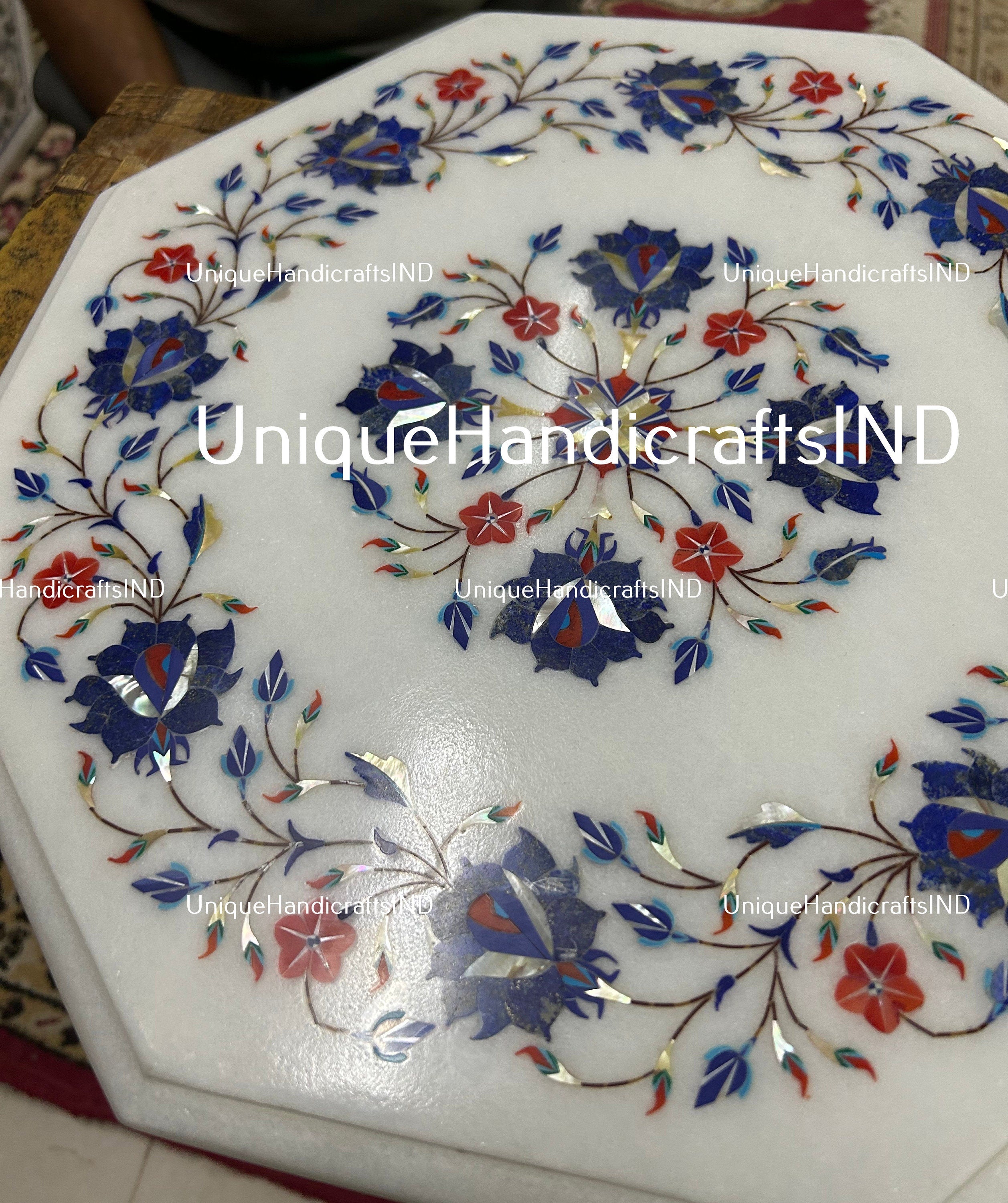 Marble End Table & Coffee Table, Flower Design Marble Table Top, Small Marble Table Top for Balcony, Marble Furniture Table for living room Unique Handicrafts IND